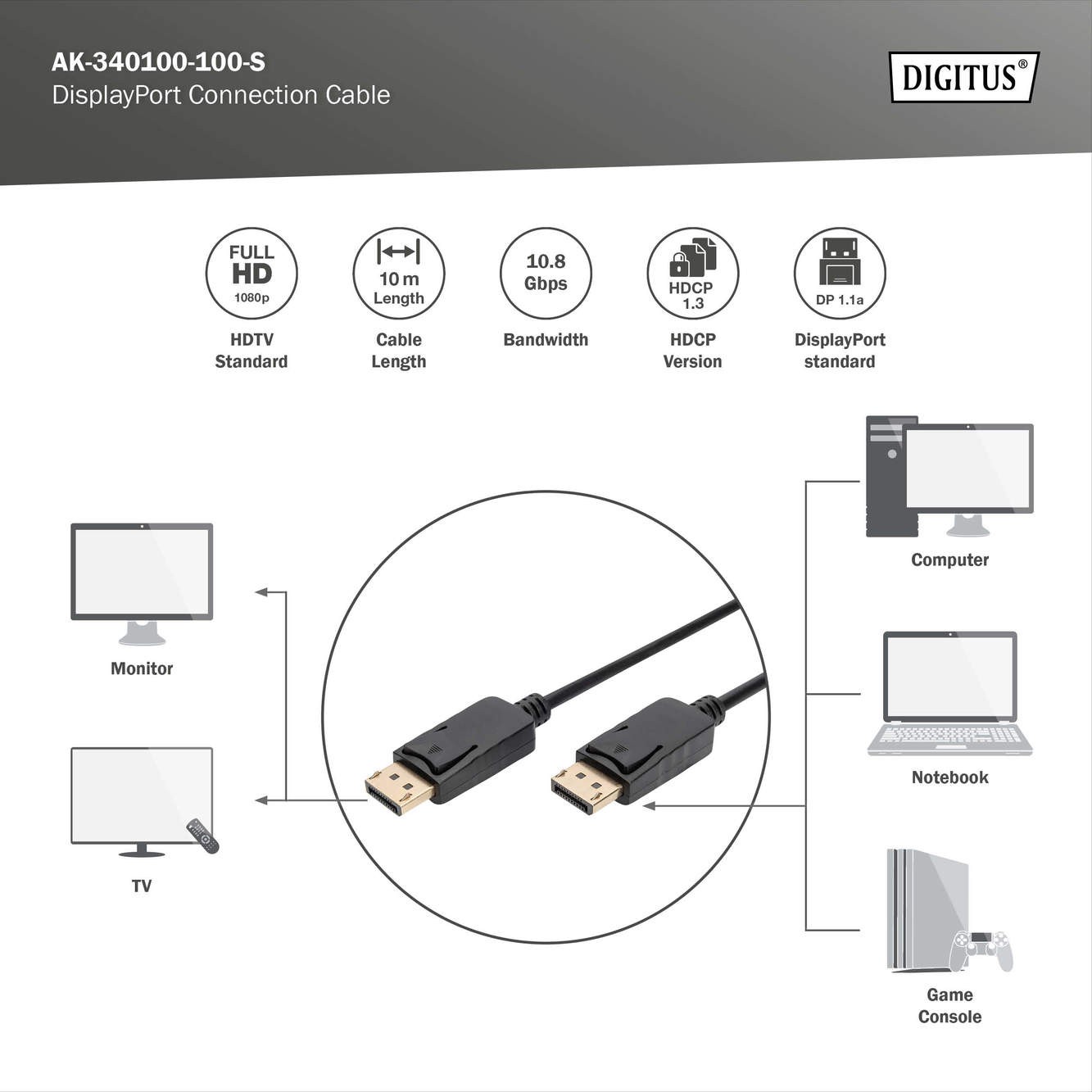 DIGITUS DisplayPort bağlantı kablosu 10 Metre