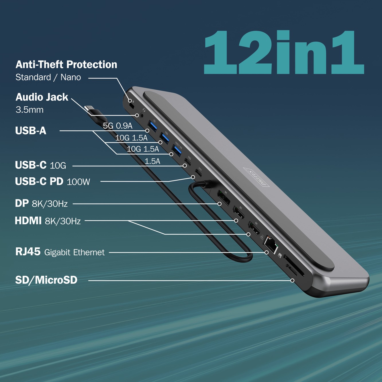 Digitus DA-70919 USB-C 8K 12 Port Bağlantı İstasyonu | 2x HDMI, 1x DP, 3x USB-A, USB-C, RJ45, PD, SD/MicroSD, Ses Çıkışı