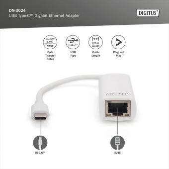 Digitus Type-C - Gigabit Ethernet Çevirici DN-3024 RJ 45 Gigabit Ethernet konektörü (10/100/1000 Mbps)