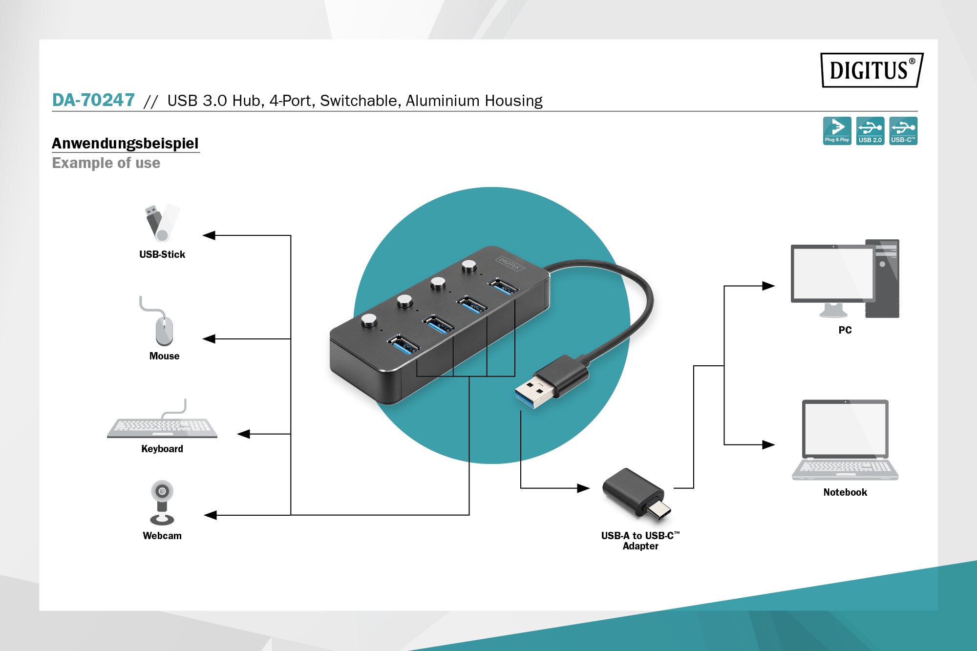 DIGITUS USB 3.0 Hub, 4 port, açılıp kapatılabilir, alüminyum gövde