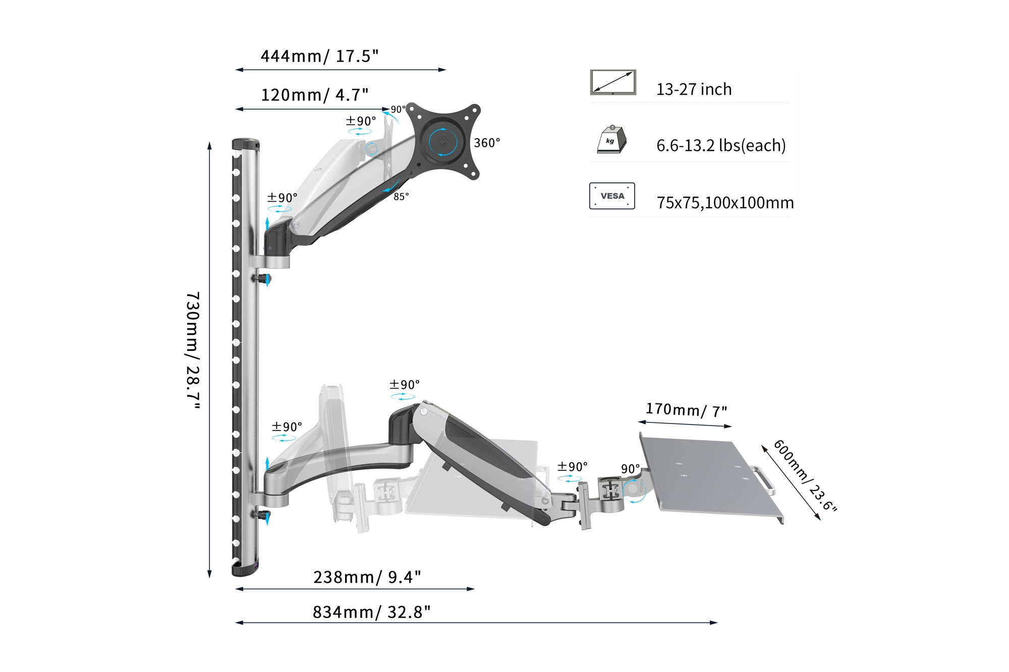 Dıgıtus Iş Yerleri Için Esnek Duvara Montaj Imkânı Çaprazlama 43cm (17") ile 69cm (27") arası büyüklükteki cihazlar için duvara montaj