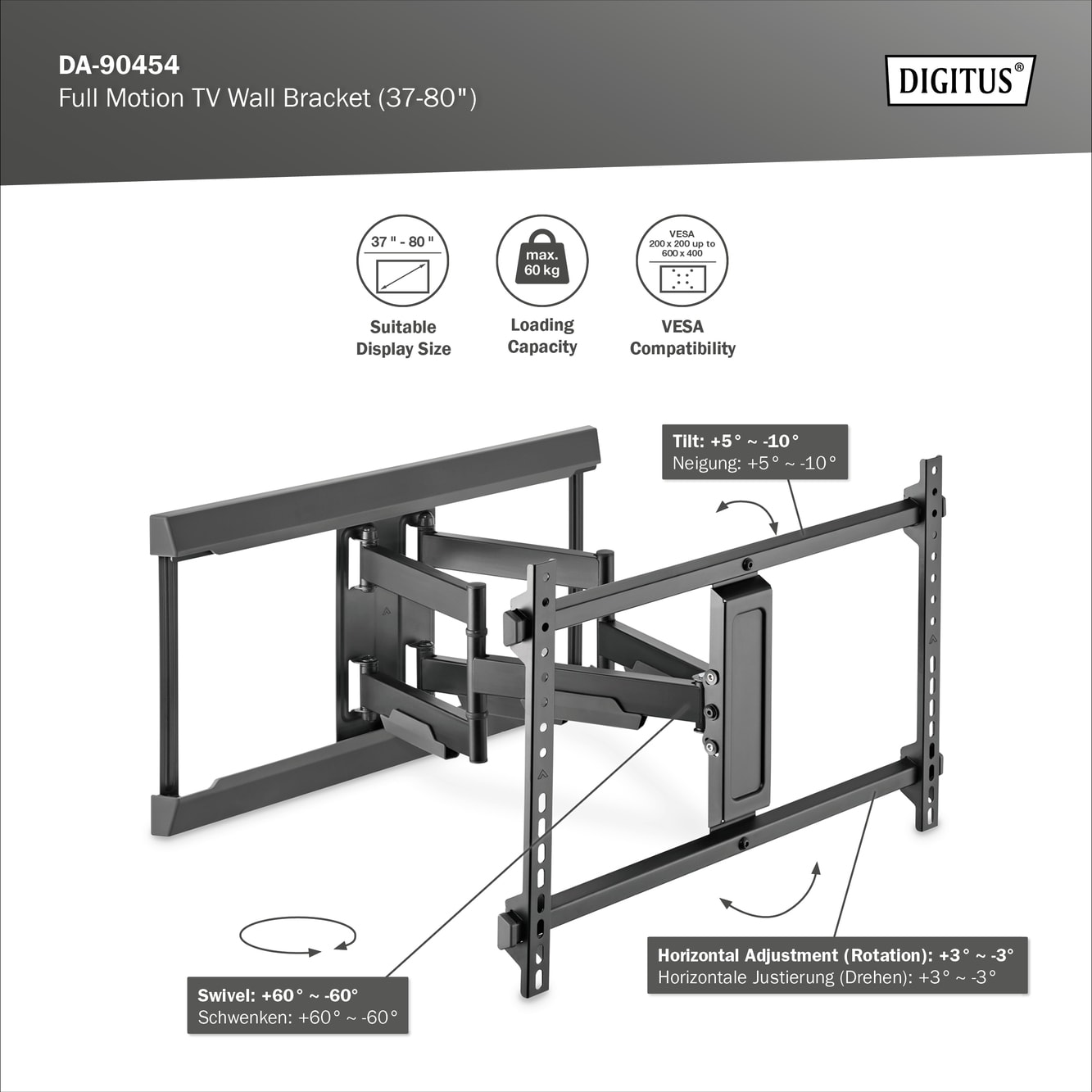Tam hareketli TV duvar tutucusu 37-80", 60 kg Taşıma Kapasitesi