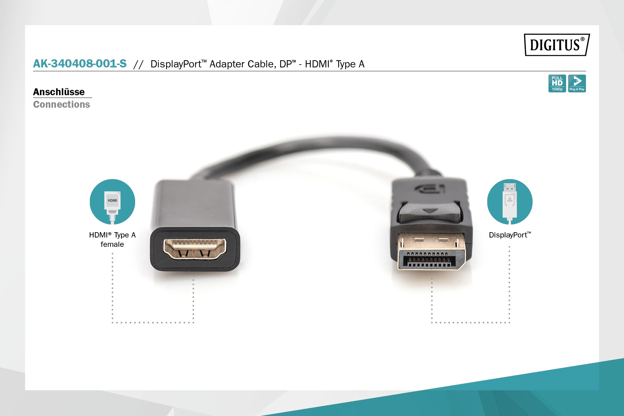 DisplayPort adaptör kablosu, mini DP - HDMI tip A St/Bu, 0,15 m, m/interlock, DP 1.1a uyumlu, CE, sw