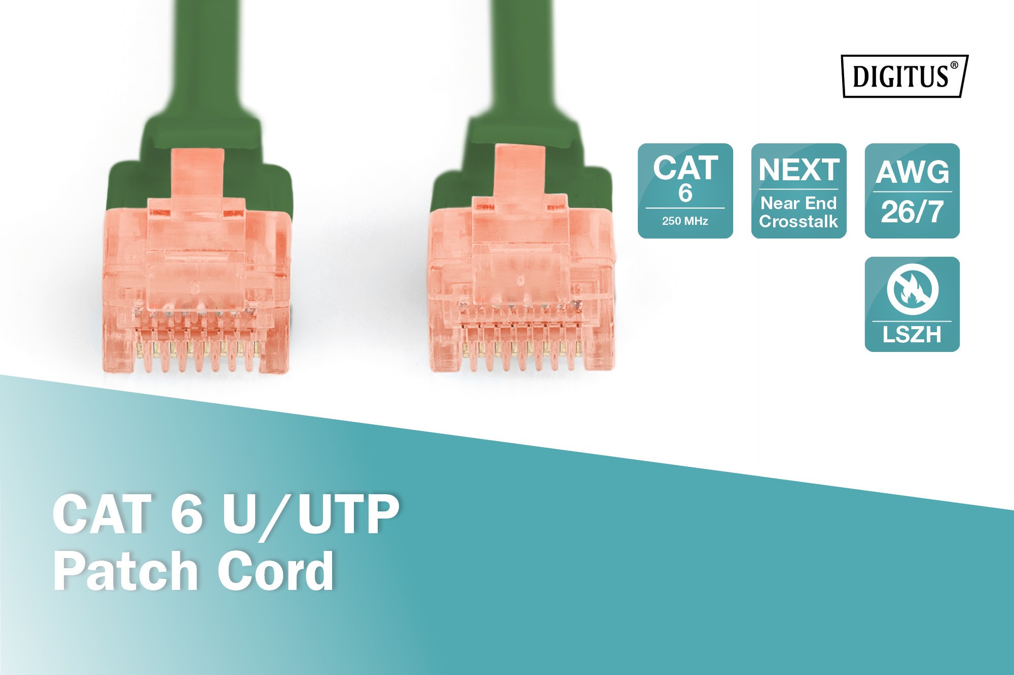 CAT 6 U-UTP bağlantı kablosu, bakır, LSZH AWG 26/7, uzunluk 1 m, yeşil renk
