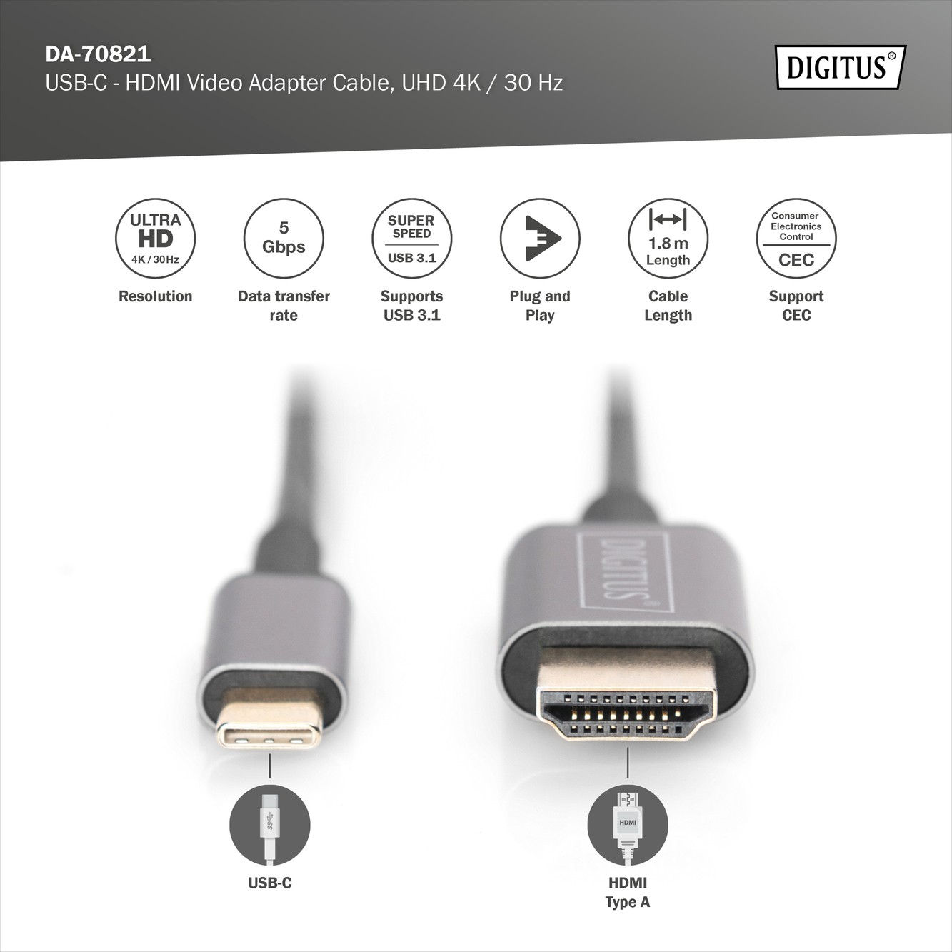 Dıgıtus Usb-C™ - Hdmı® Video Adaptör Kablosu, UHD 4k/30 Hz