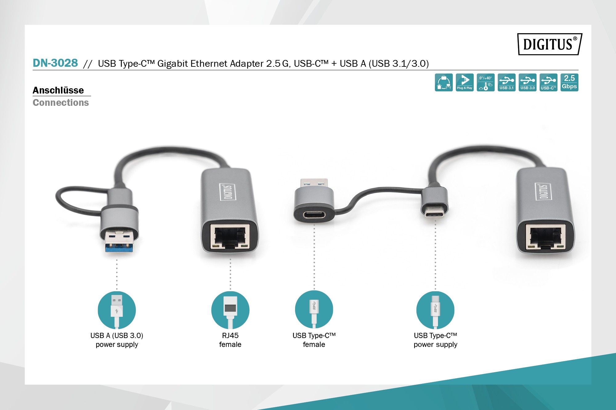 DIGITUS USB Type-C™ Gigabit Ethernet Adaptörü 2.5G, USB-C™ + USB A (USB3.1/3.0)