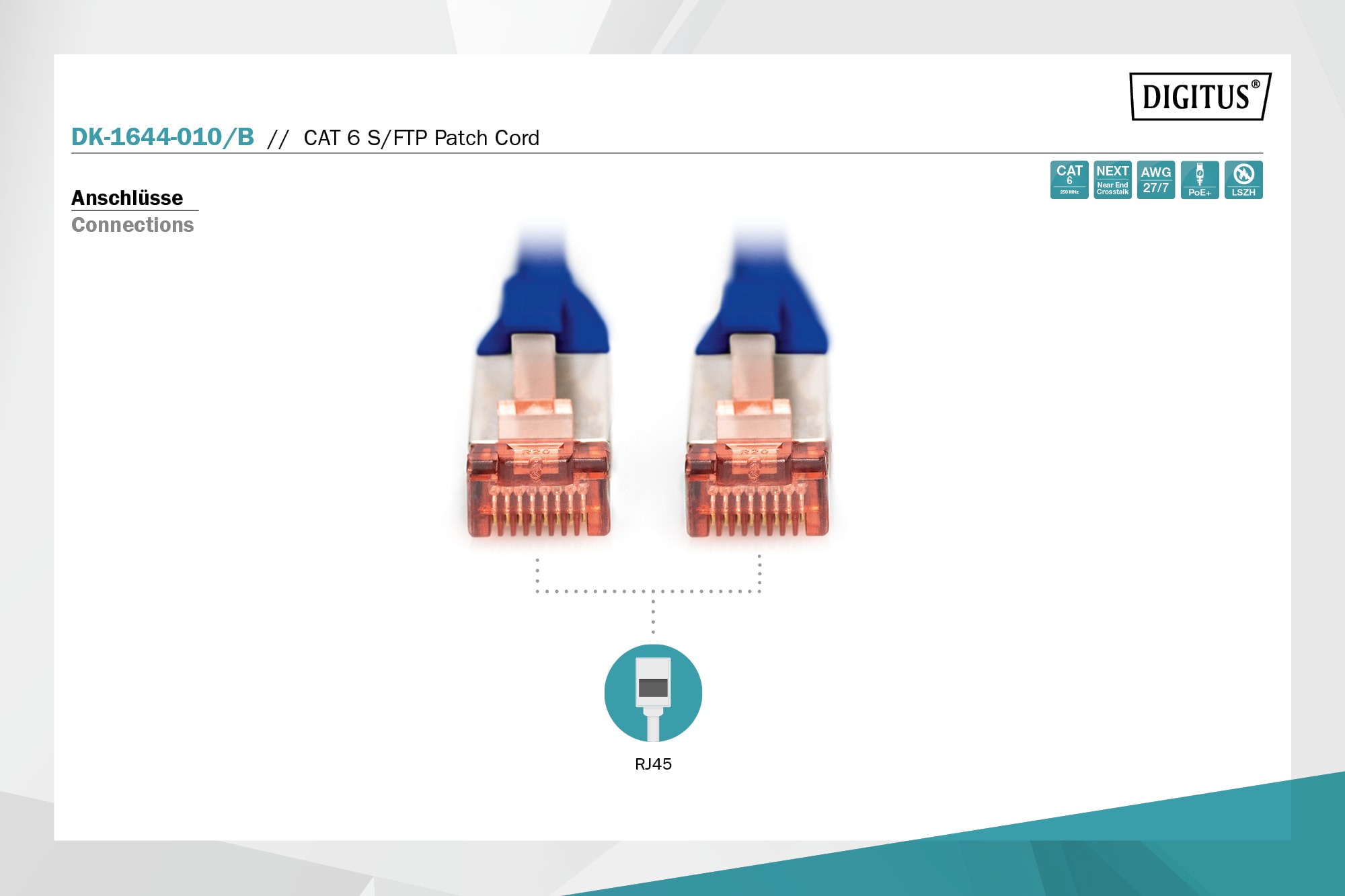 CAT 6 S-FTP bağlantı kablosu, bakır, LSZH AWG 27/7, uzunluk 1 m, mavi renk