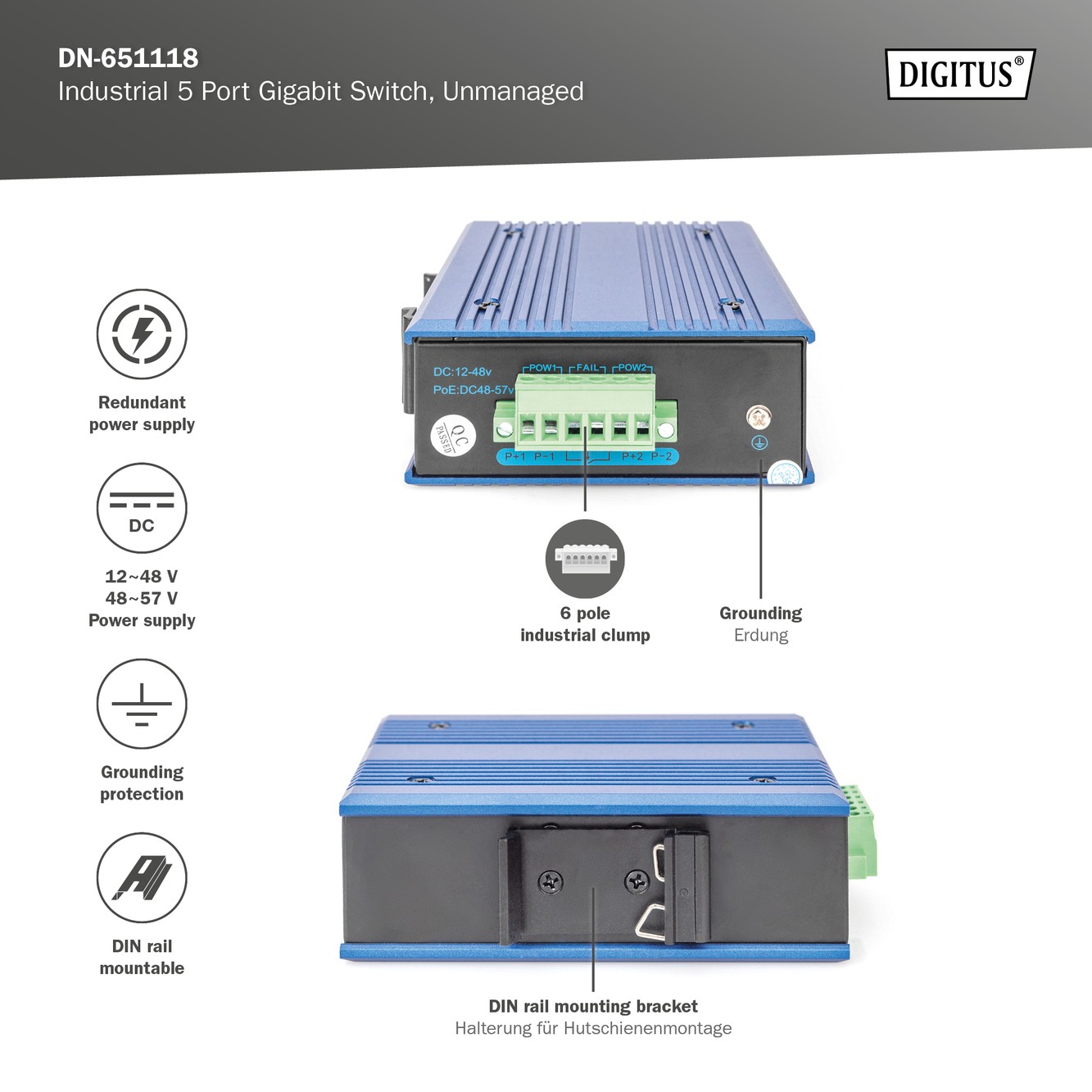 Digitus 4 Port Gigabit Ağ Anahtarı, Endüstriyel, Yönetilmeyen, 1 RJ45 Uplink