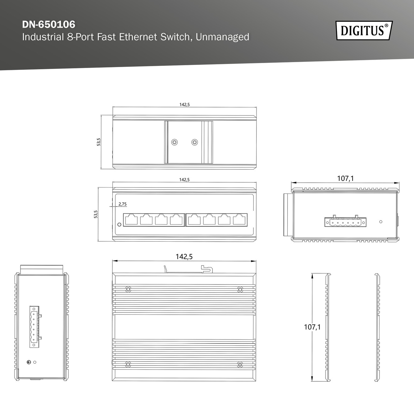 Digitus 8 Portlu Hızlı Ethernet Ağ Anahtarı, Endüstriyel, Yönetilmeyen, 1 RJ45 Uplink