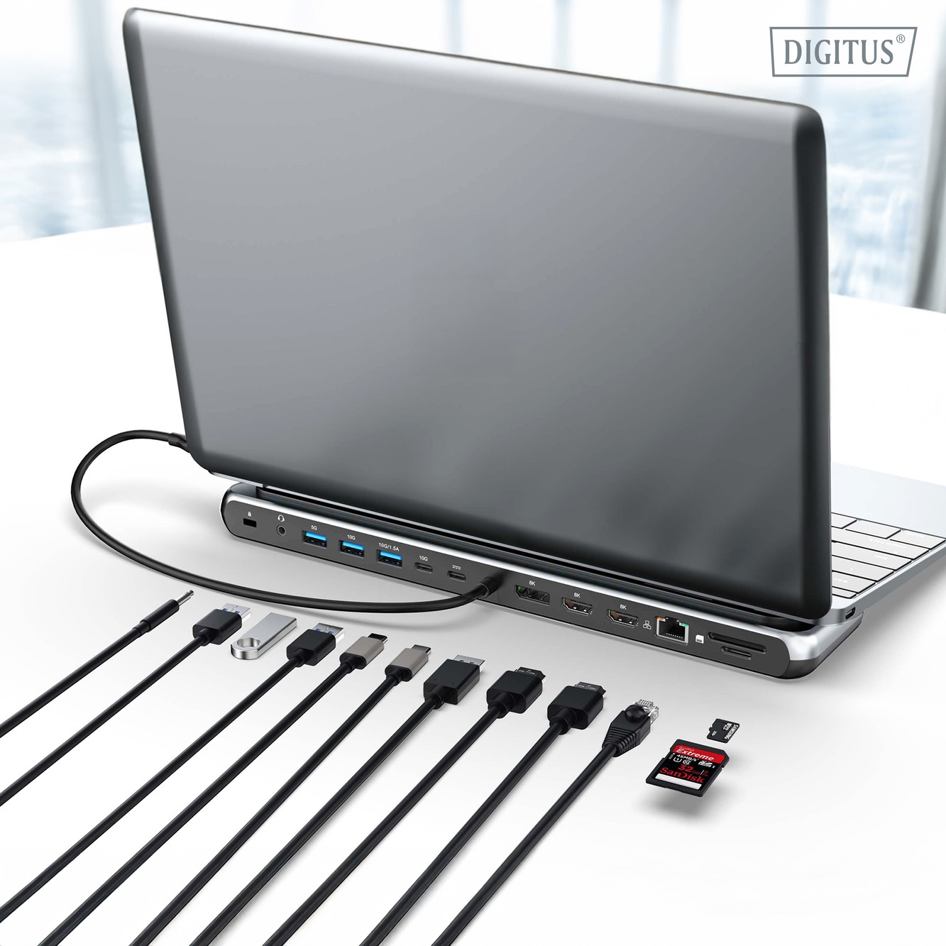 Digitus DA-70919 USB-C 8K 12 Port Bağlantı İstasyonu | 2x HDMI, 1x DP, 3x USB-A, USB-C, RJ45, PD, SD/MicroSD, Ses Çıkışı