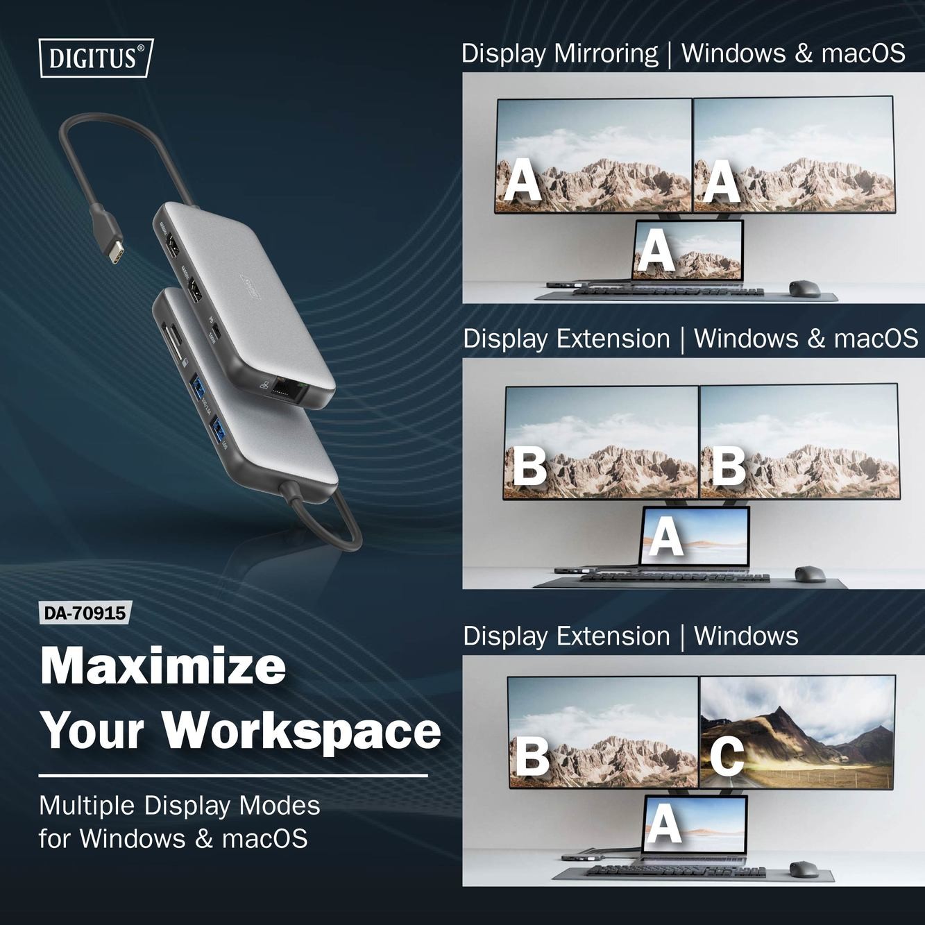 DIGITUS USB-C Docking Statio 3.2 Gen 2 bağlantı noktası (10 Gbit/s),8 Port