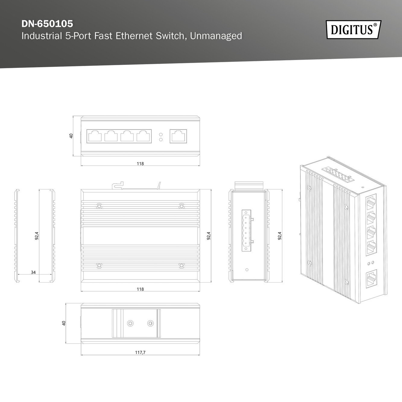 Digitus 4 Portlu Hızlı Ethernet Ağ Anahtarı, Endüstriyel, Yönetilmeyen, 1 RJ45 Uplink