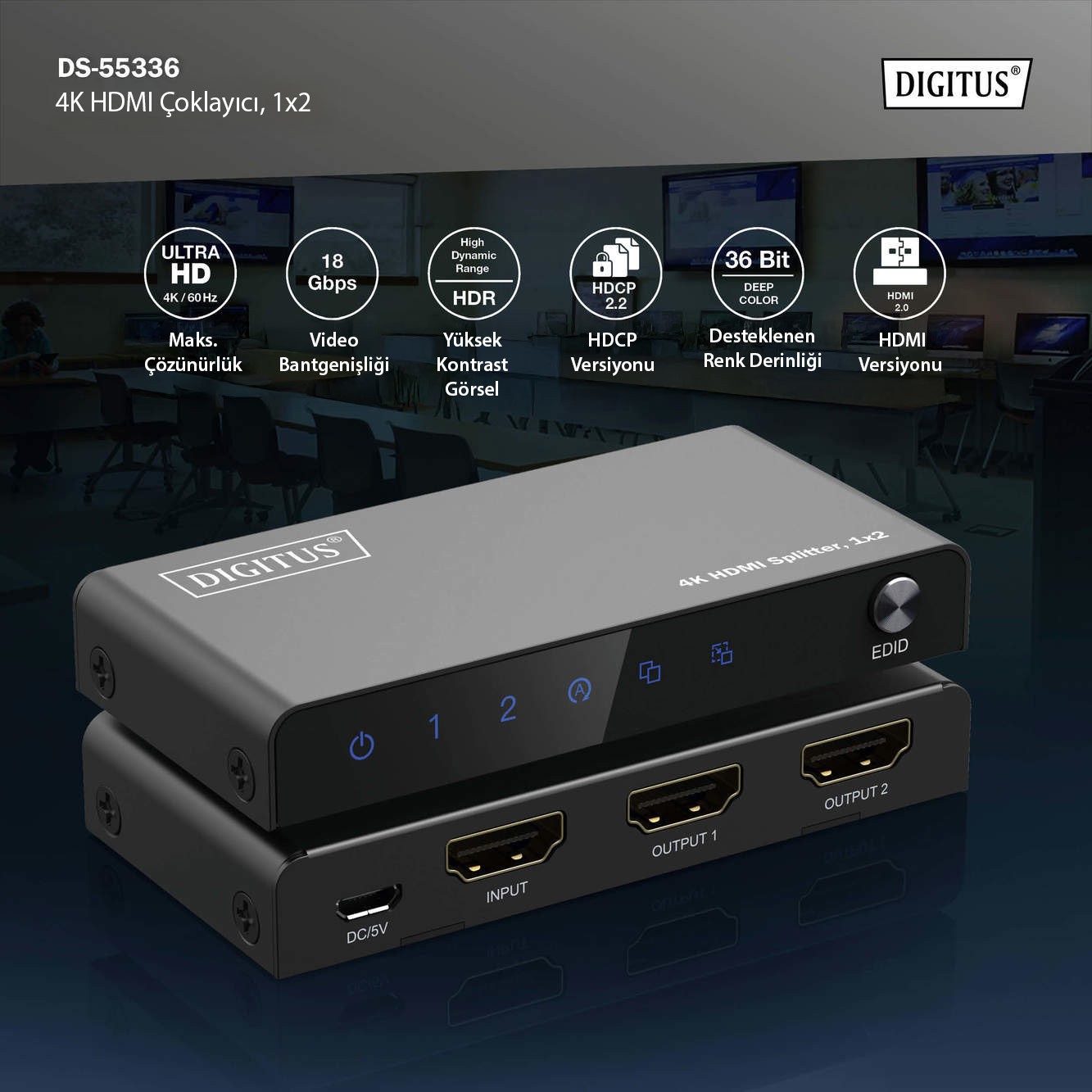 DIGITUS 4K HDMI ayırıcı, 1x2 HDMI ayırıcı, 4K/60Hz HDCP 2.3, EDID kontrolü