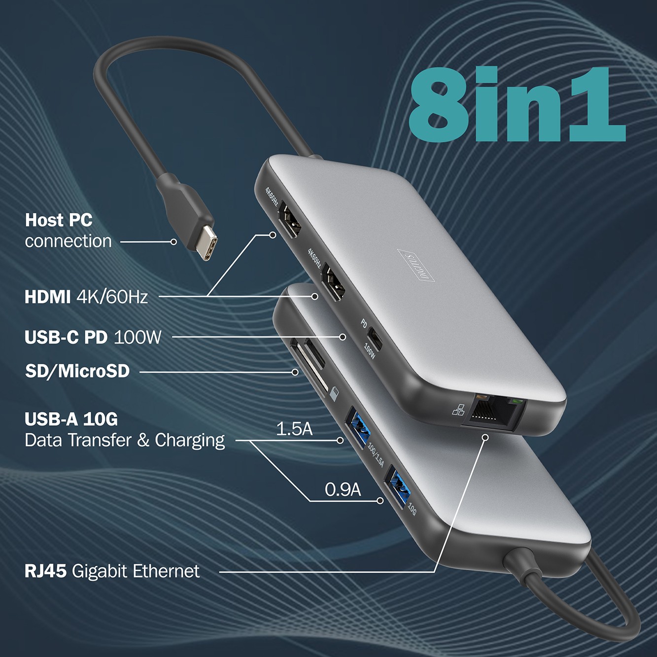 DIGITUS USB-C Docking Statio 3.2 Gen 2 bağlantı noktası (10 Gbit/s),8 Port