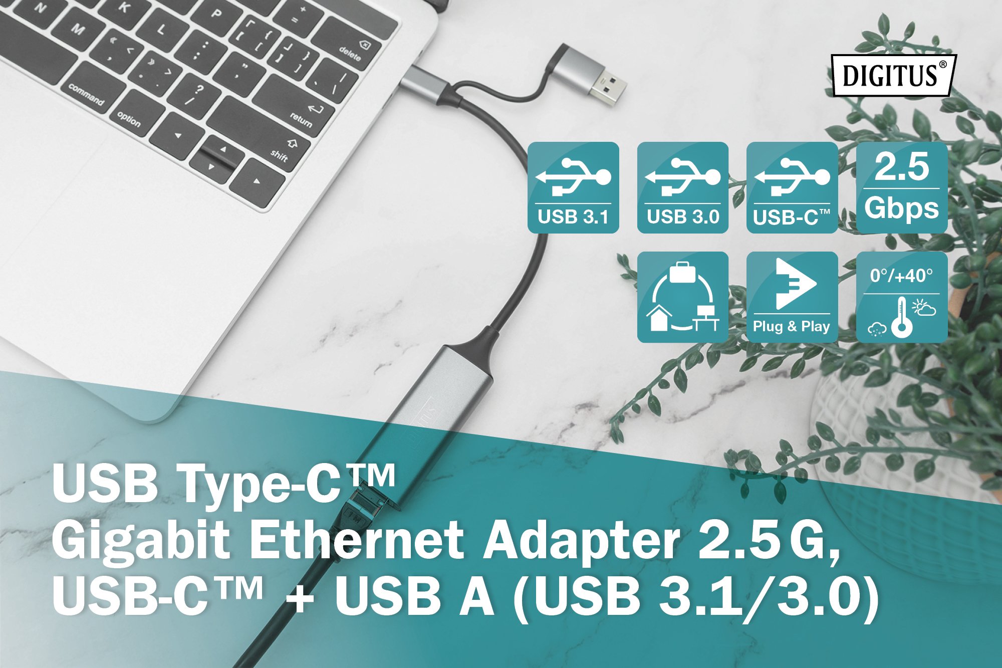 DIGITUS USB Type-C™ Gigabit Ethernet Adaptörü 2.5G, USB-C™ + USB A (USB3.1/3.0)