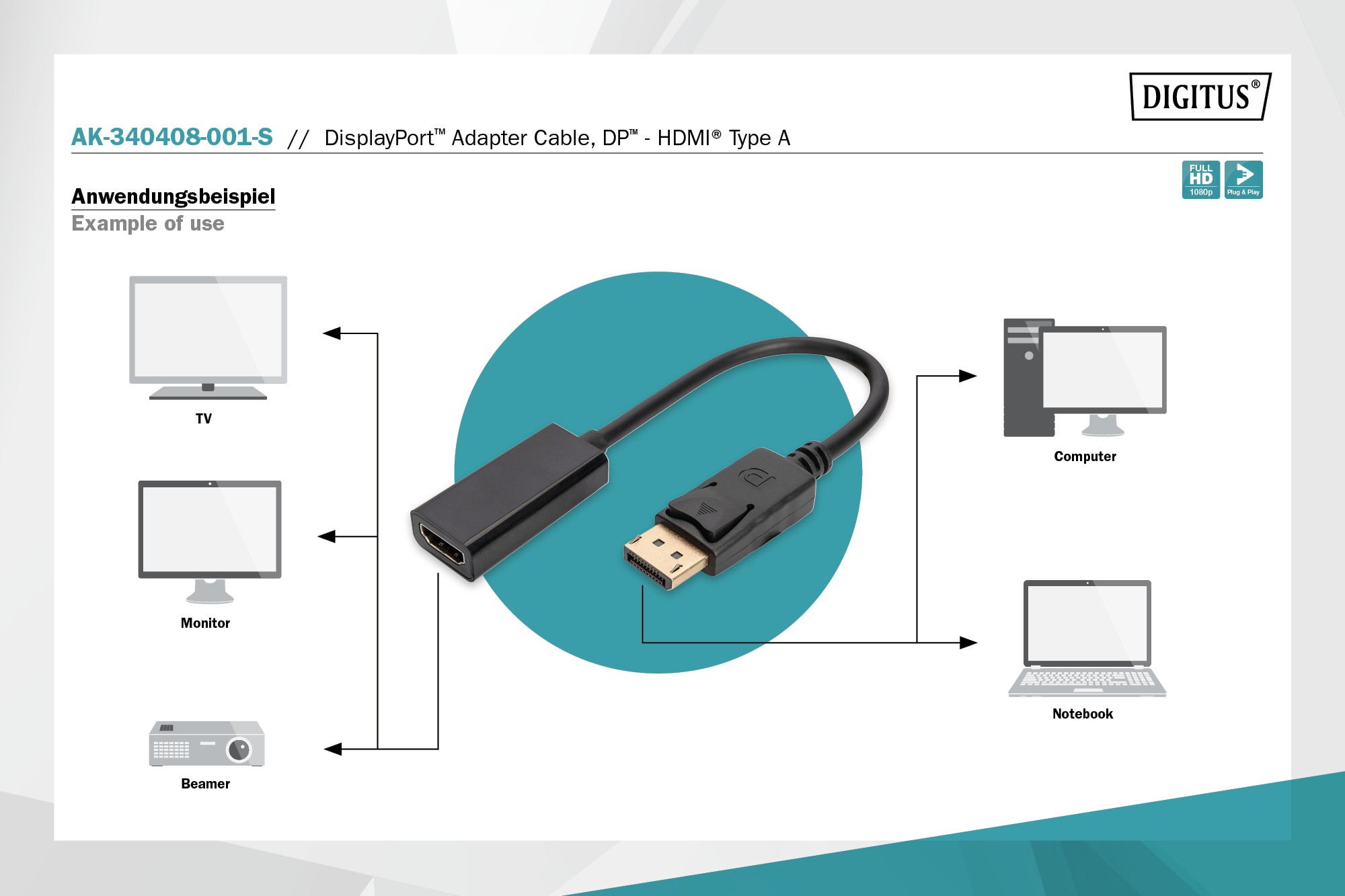 DisplayPort adaptör kablosu, mini DP - HDMI tip A St/Bu, 0,15 m, m/interlock, DP 1.1a uyumlu, CE, sw