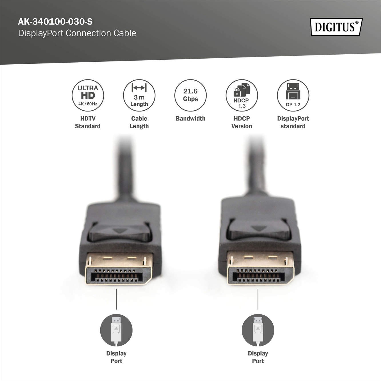 DisplayPort adaptör kablosu, DP St/St, 3,0 Metre Kitlemeli Ultra HD 4K