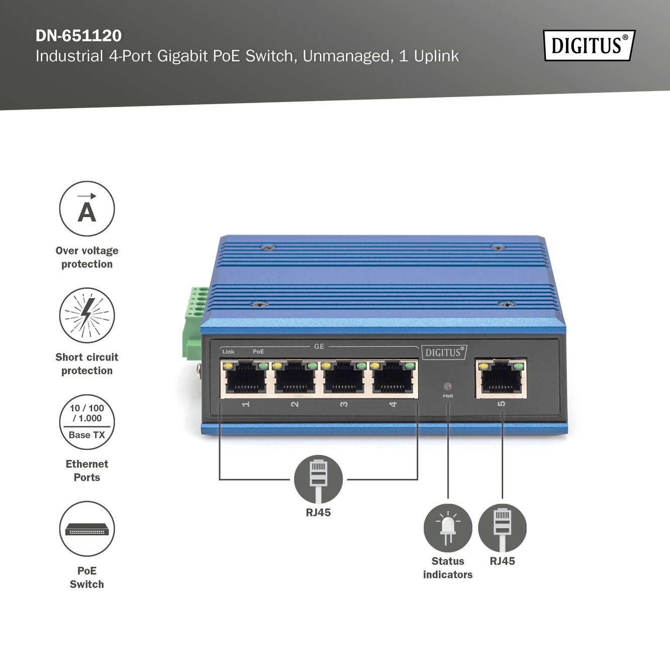 Digitus 4 Port Gigabit Ağ Poe Anahtarı, Endüstriyel, Yönetilmeyen, 1 RJ45 Uplink