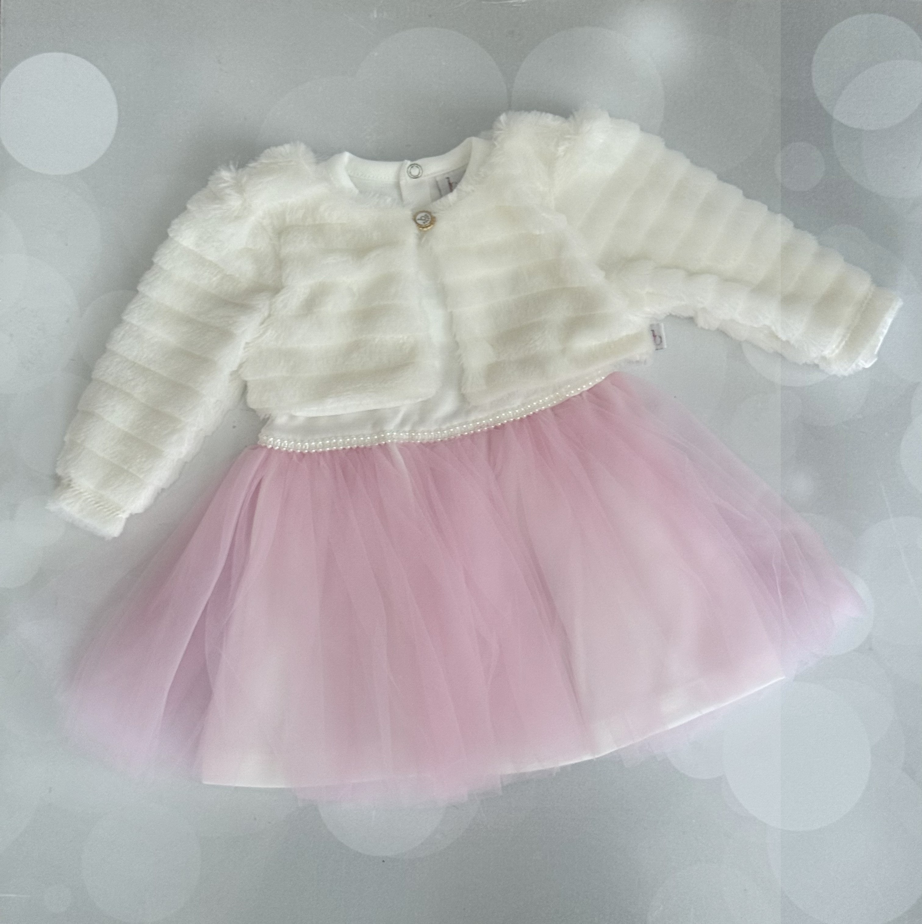 PELUŞ MONTLU PEMBE TÜL ELBİSE - PEMBE