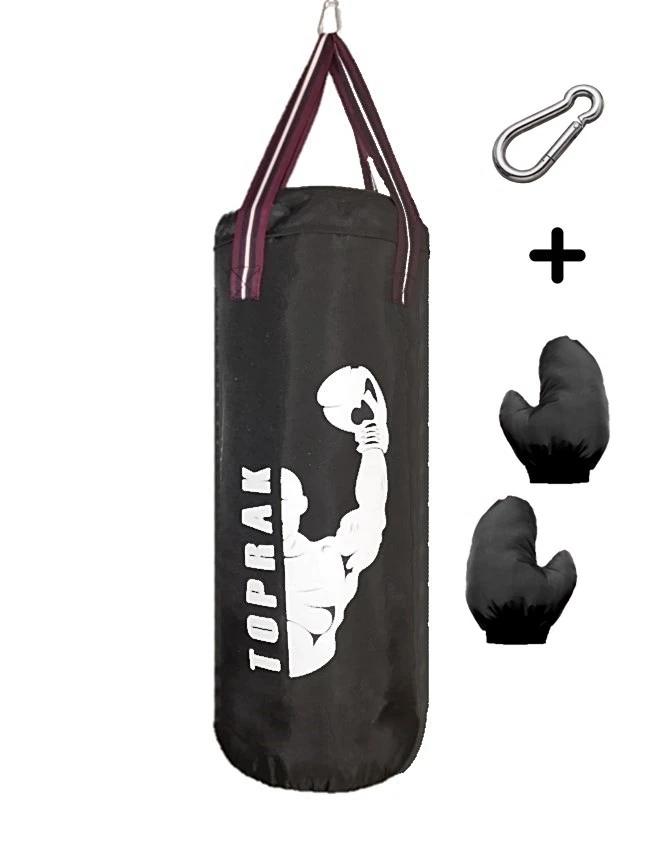Boks Torbası Eldiven, Karabina ve Bandaj Hediyeli İçi Dolu 60x22cm Siyah