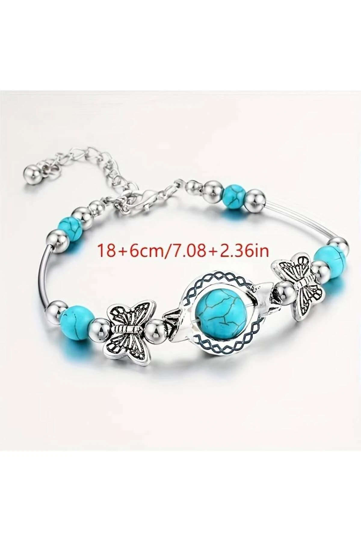 Turkuaz Dekor Şans Bilekliği, Boncuk Kelebek Şans Bilekliği Ile Vintage Tarzı El Yapımı Bileklik