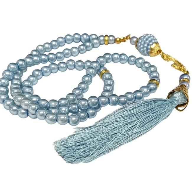 Namaz Tesbihi Vavlı 99'lu Cam İncili Ayet-el Kürsi Dua Kartı ile Mavi Renk Hediyelik