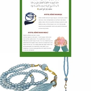 Namaz Tesbihi Vavlı 99'lu Cam İncili Ayet-el Kürsi Dua Kartı ile Mavi Renk Hediyelik