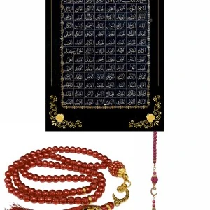 Namaz Tesbihi Vavlı 99'lu Cam İncili Esma'ul Hüsna Dua Kartı ile Fuşya Renk Hediyelik