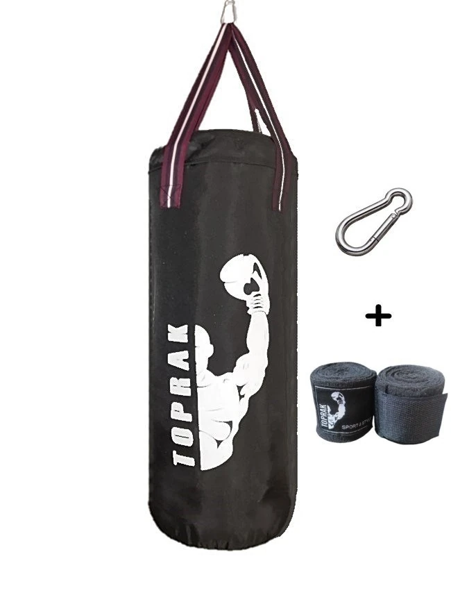 Boks Torbası Eldiven, Karabina ve Bandaj Hediyeli İçi Dolu 50x20 cm Siyah