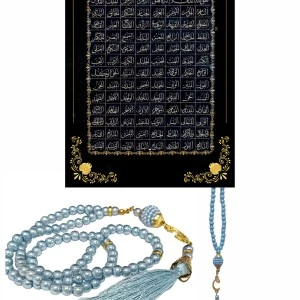 Namaz Tesbihi Vavlı 99'lu Cam İncili İsmi Azam Dua Kartı ile Mavi Renk Hediyelik
