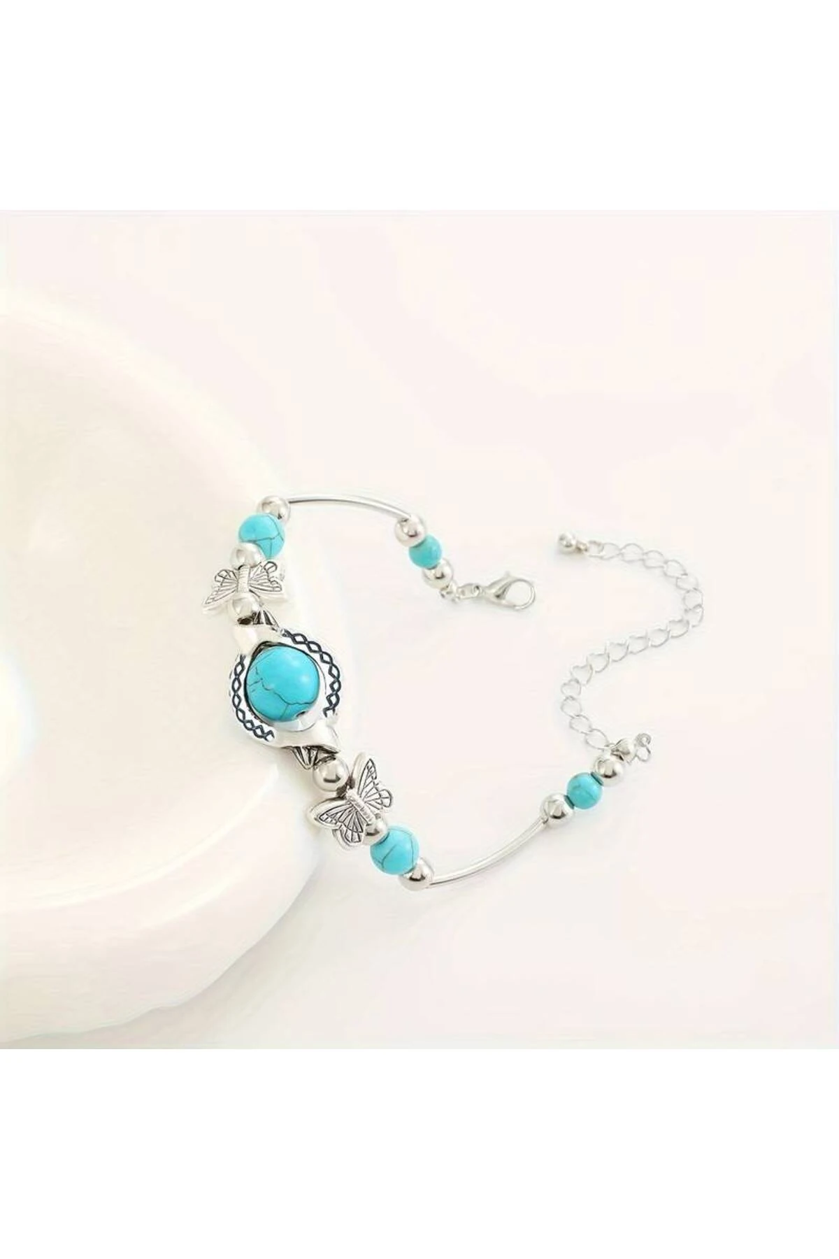 Turkuaz Dekor Şans Bilekliği, Boncuk Kelebek Şans Bilekliği Ile Vintage Tarzı El Yapımı Bileklik