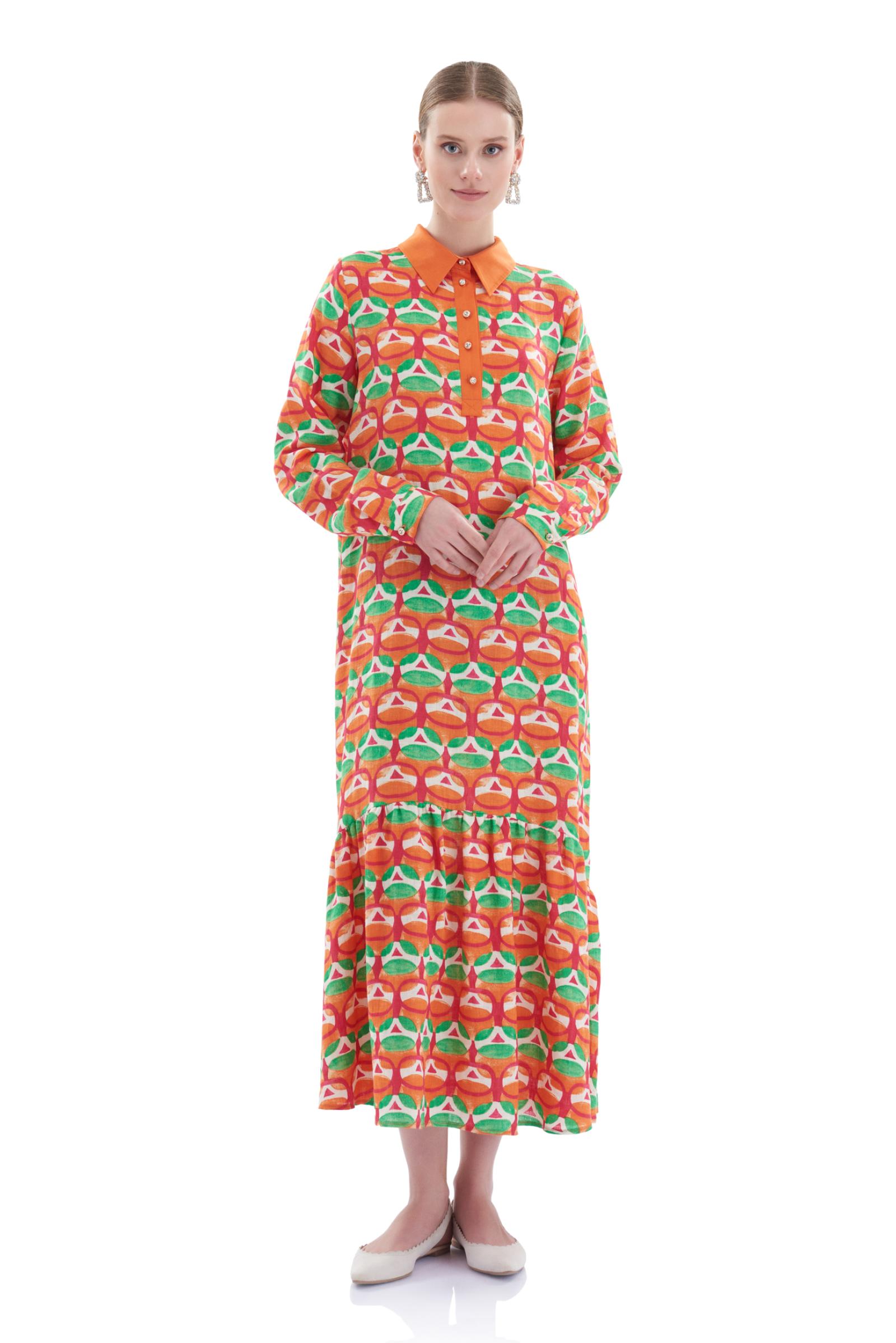 Desenli Keten Uzun Elbise