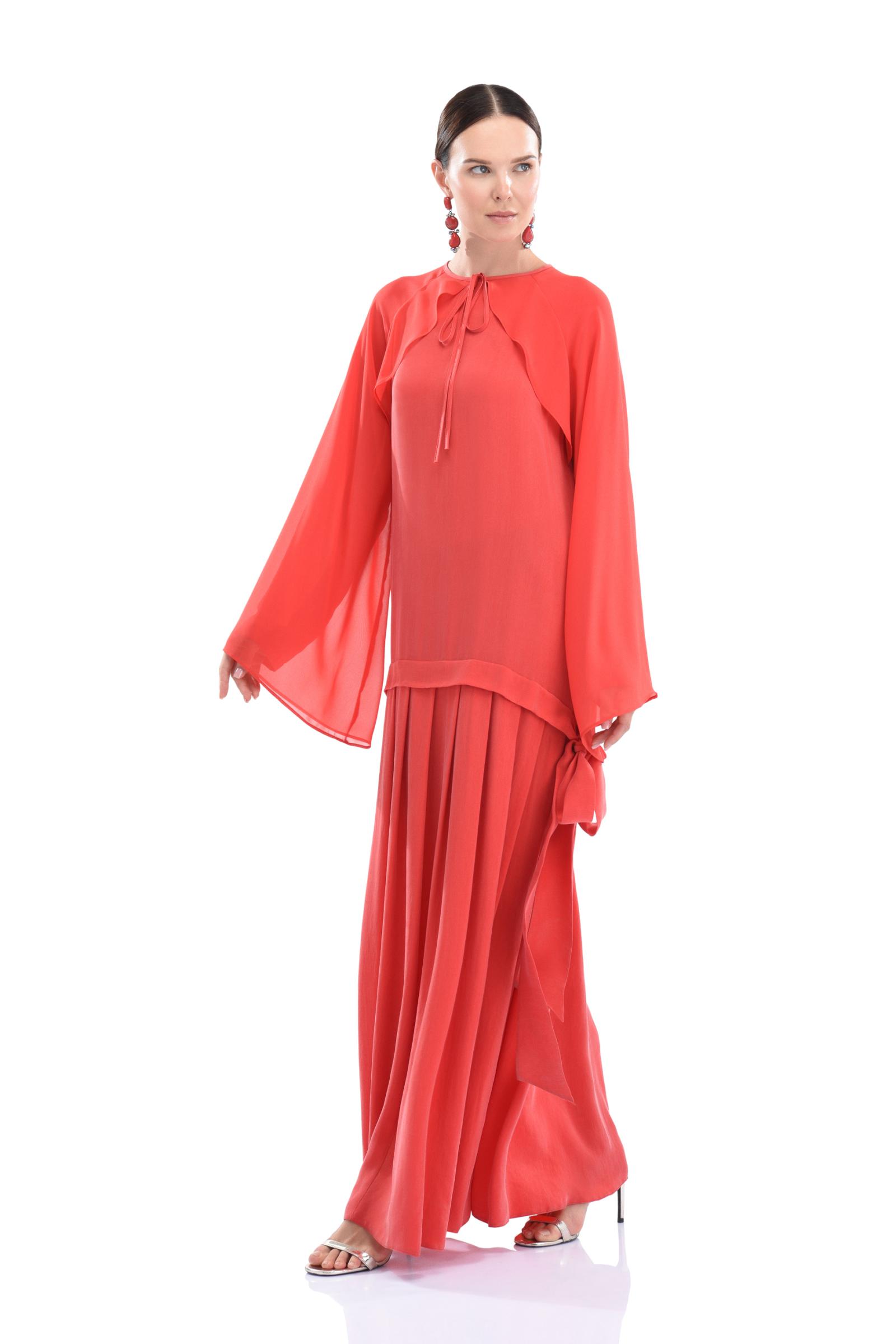 Şifon Detaylı Cupro Uzun Elbise