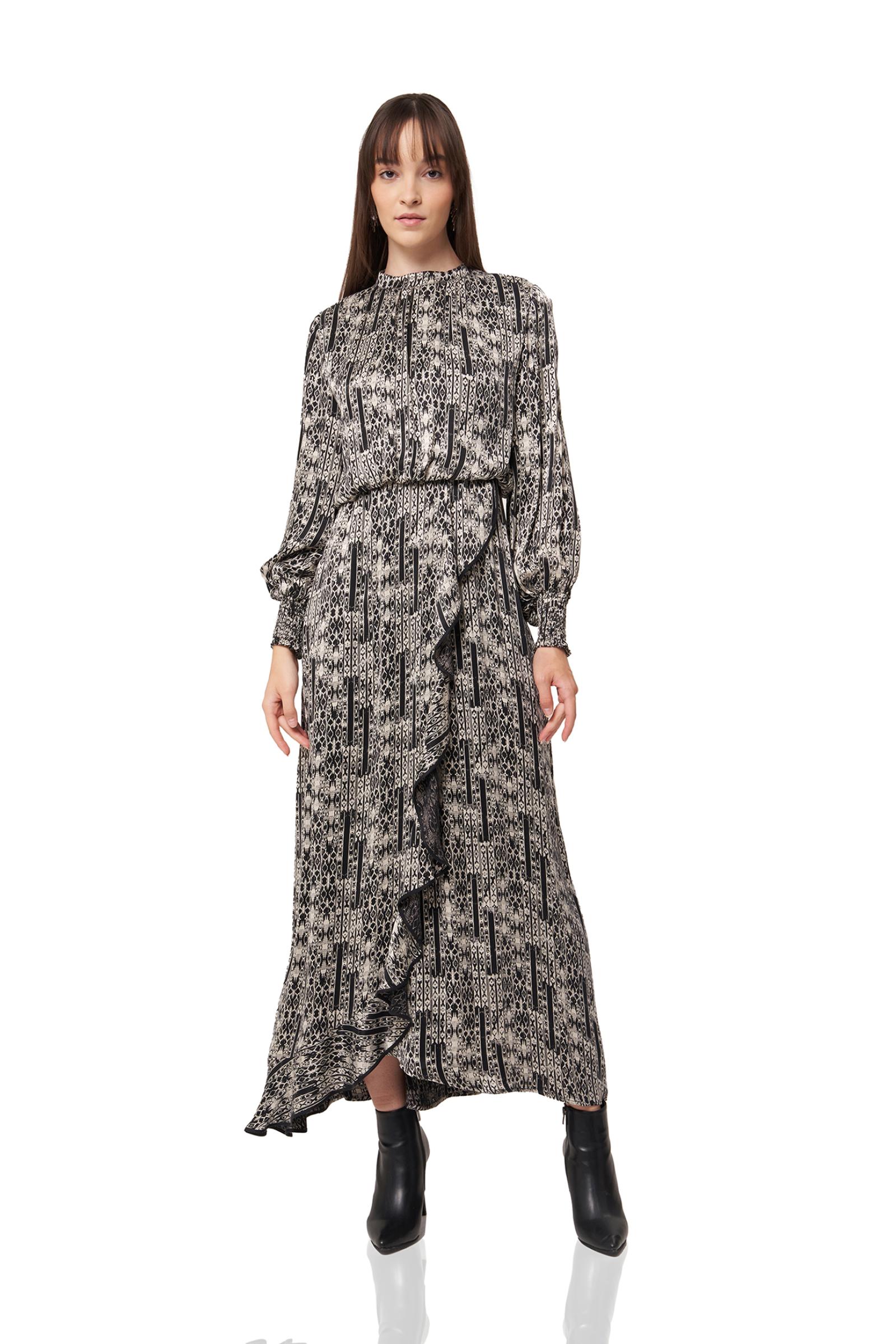 Desenli Cupro Uzun Elbise