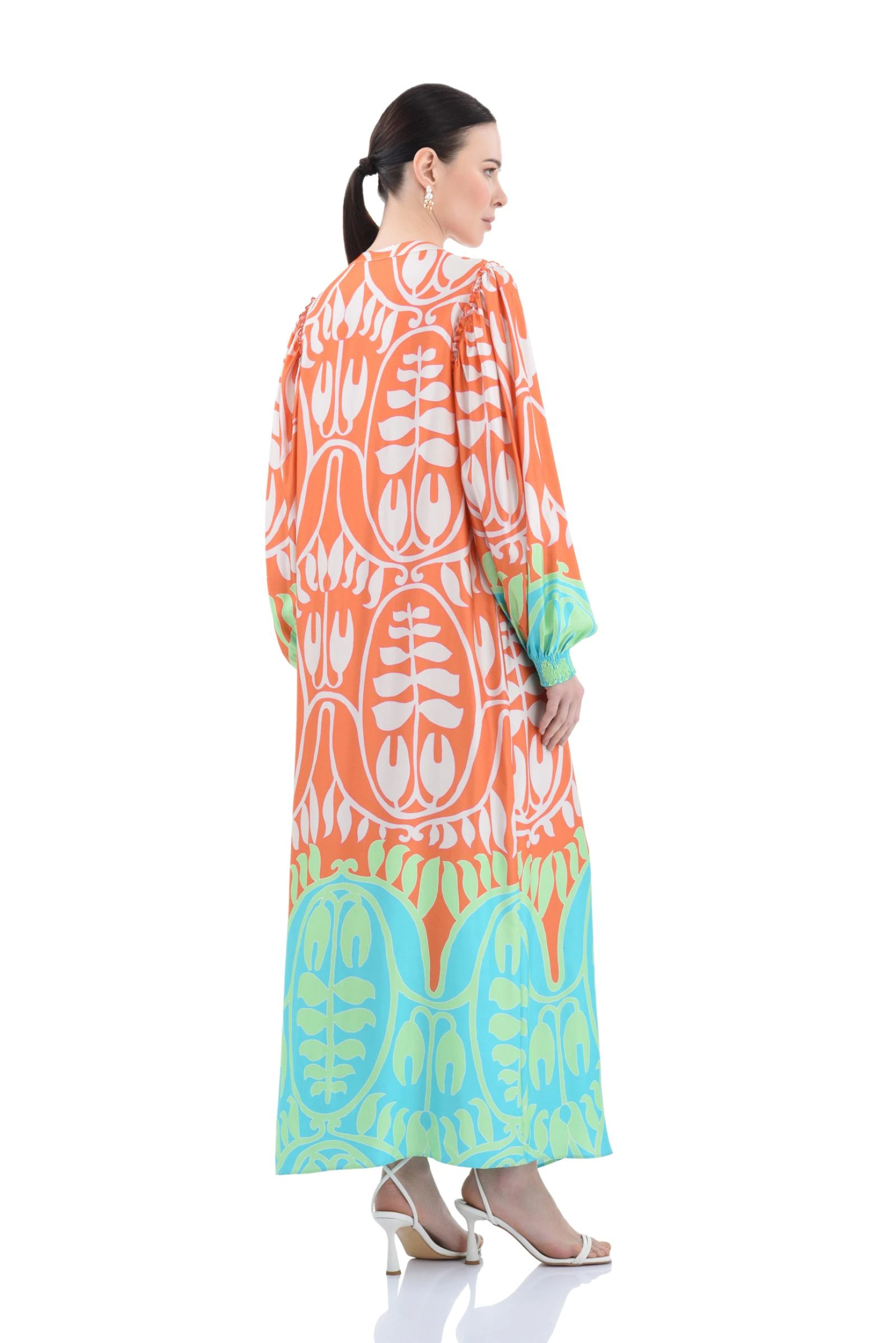 Turuncu Etnik Desenli Uzun Elbise