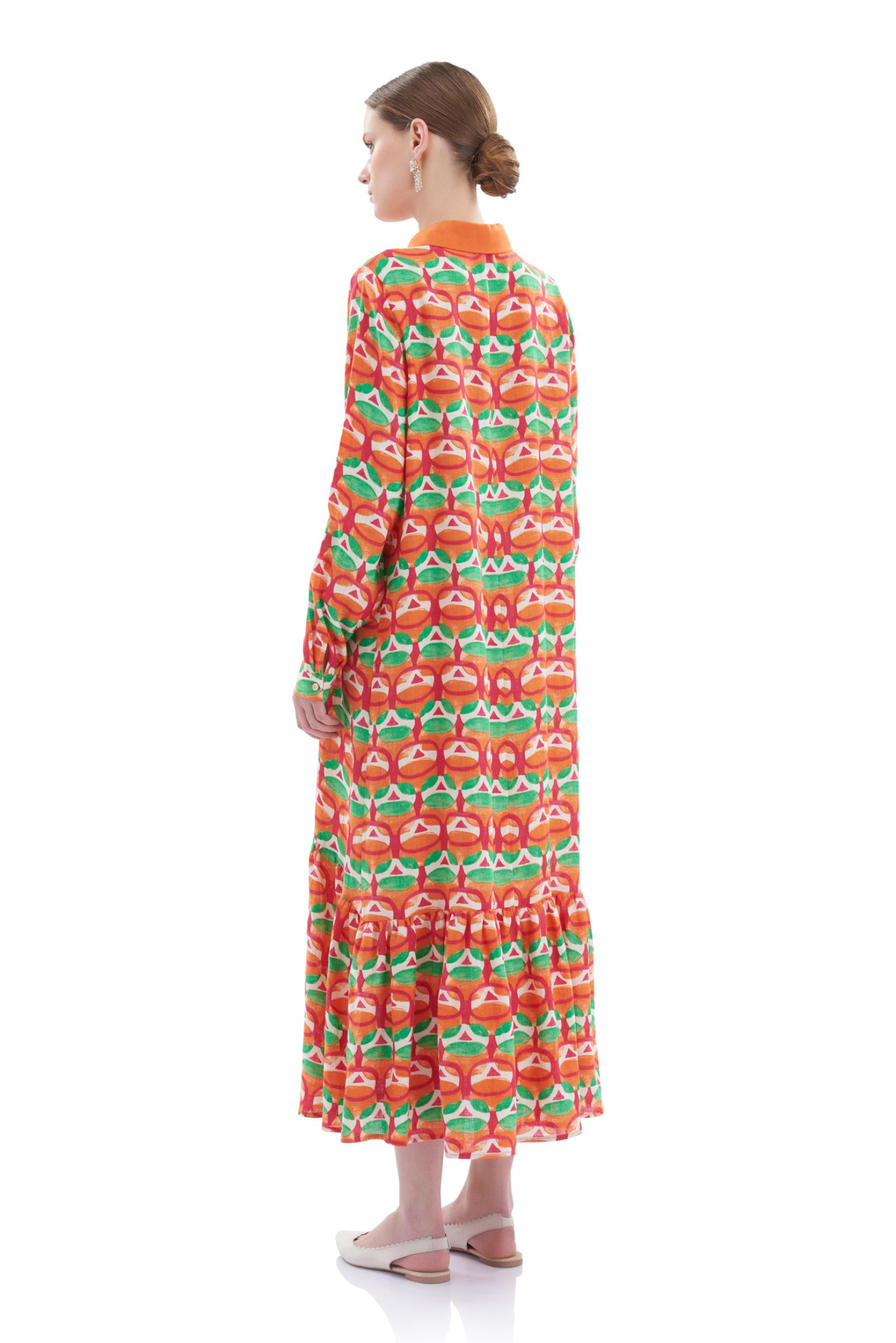 Desenli Keten Uzun Elbise