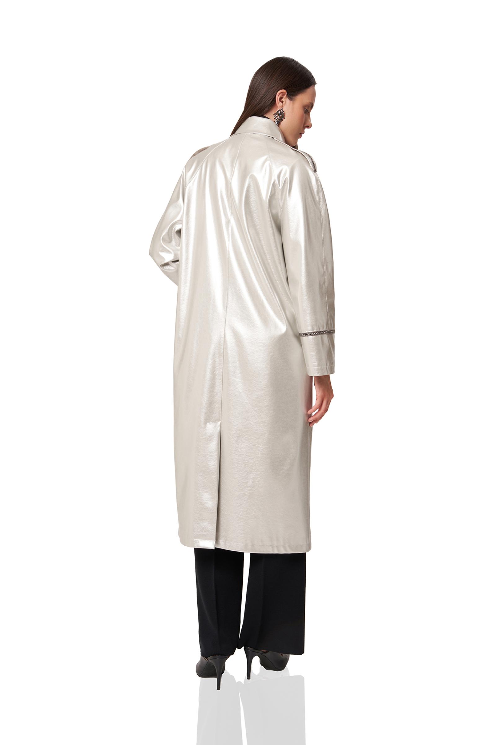 Gümüş Rengi Deri Kadın Kaban