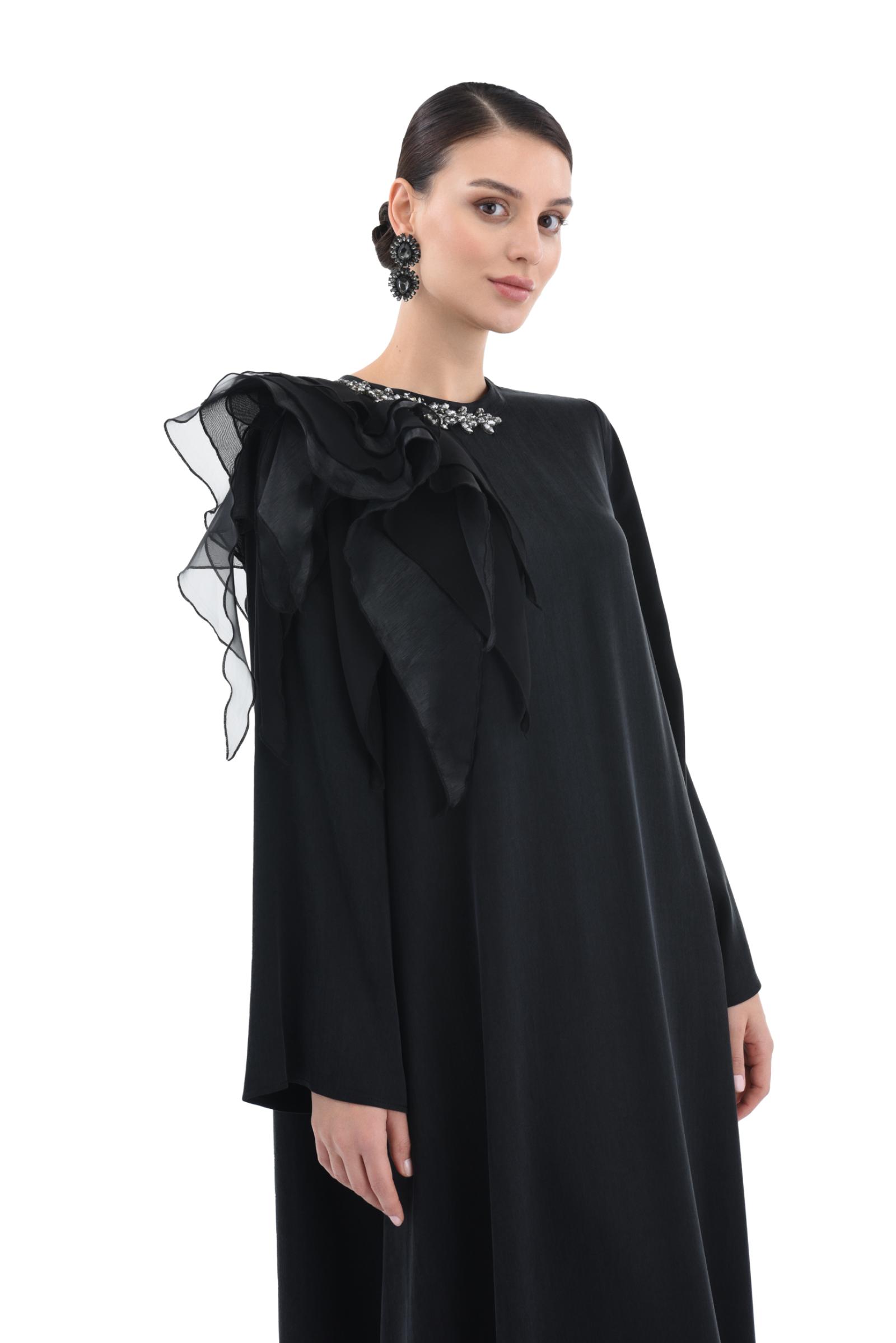 Omuz Detaylı Cupro Siyah Elbise