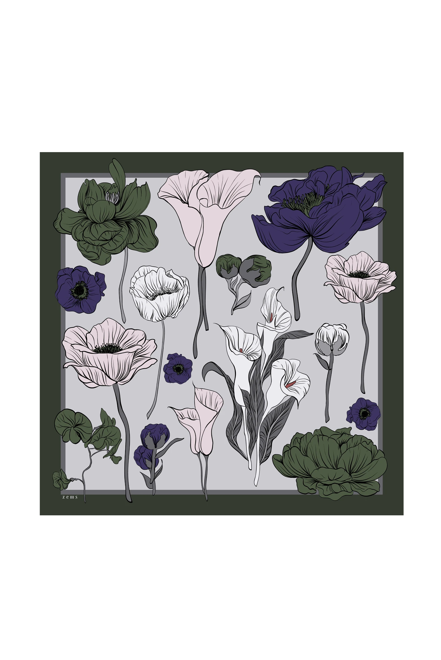 Zems Çiçek Desen Twill İpek Eşarp - HAKİ