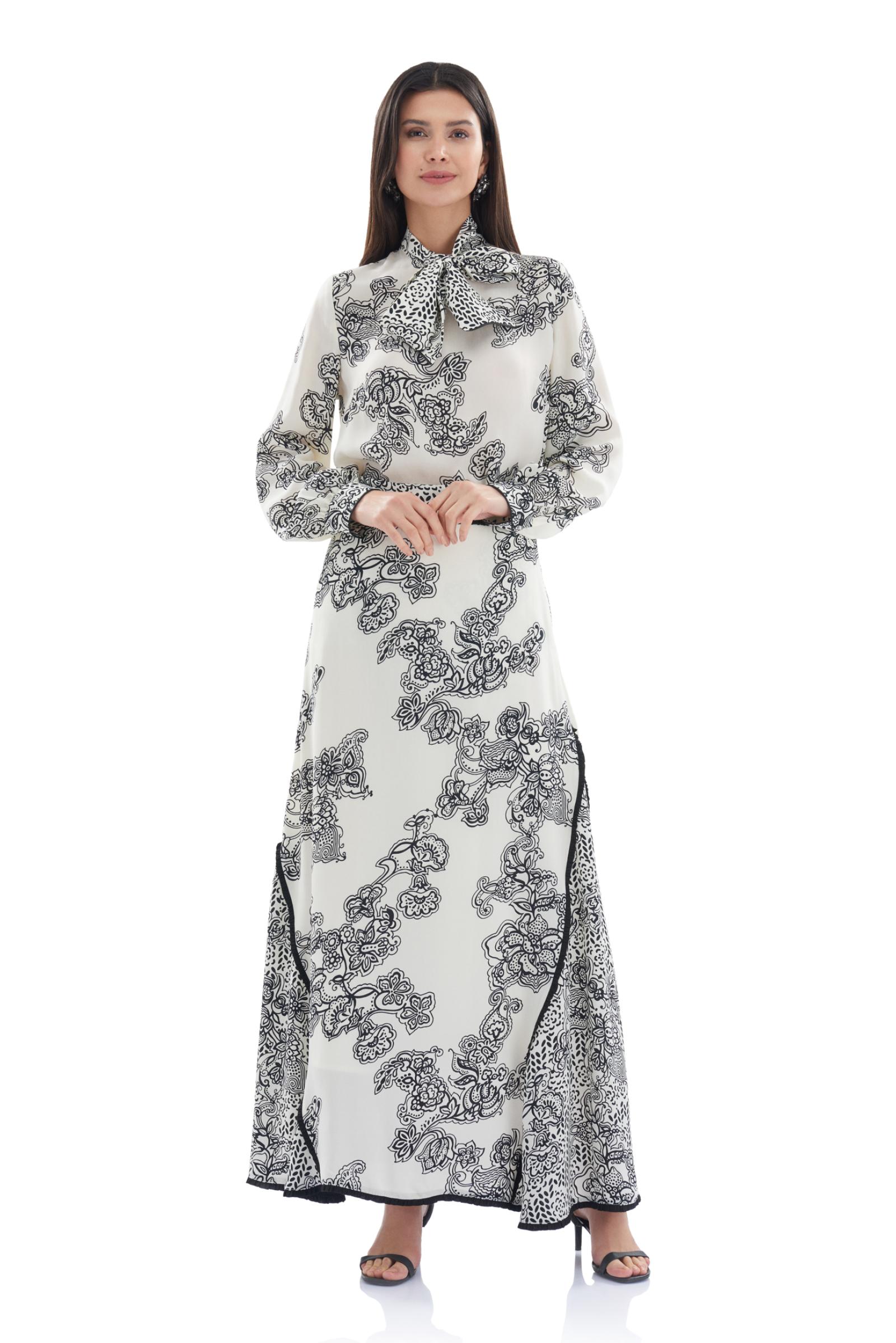 Desenli Cupro Biye Detaylı Uzun  Etek