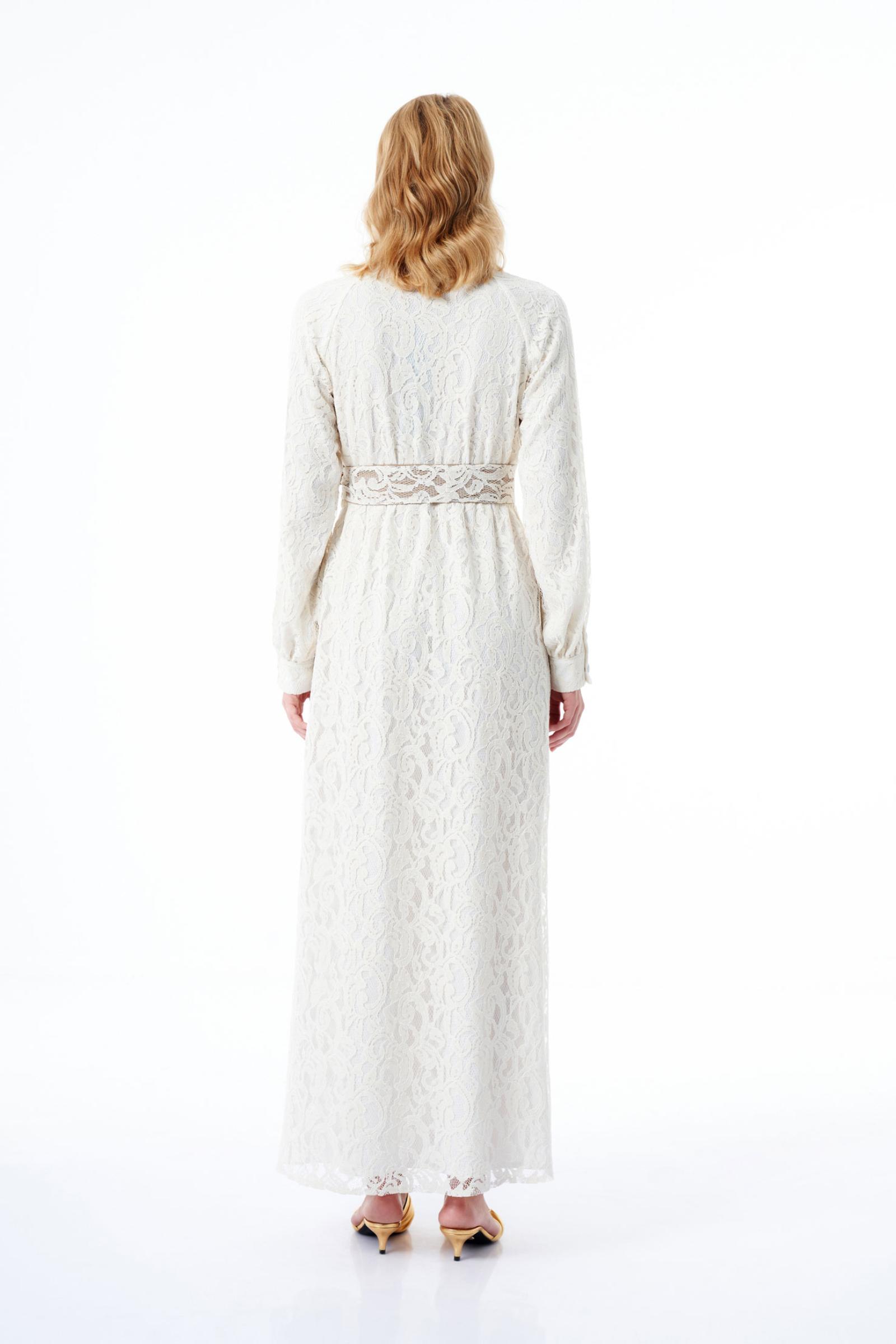 Ekru Dantel Uzun Elbise