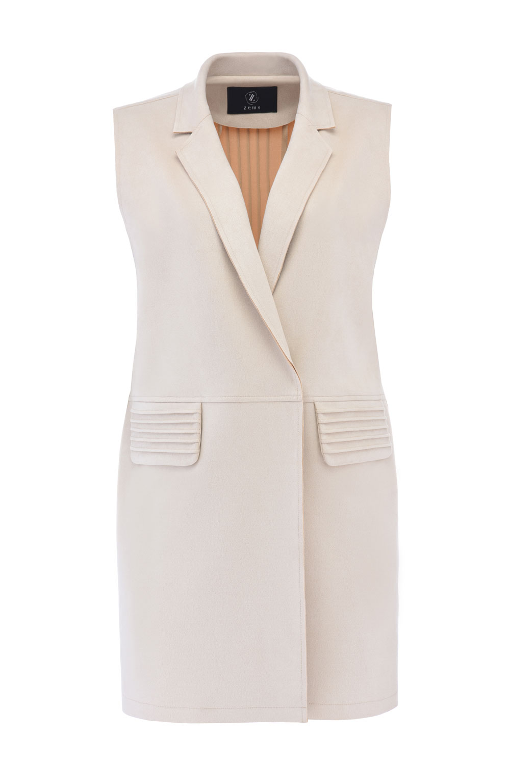 Süet Nervür Detaylı Uzun Yelekli Takım - EKRU