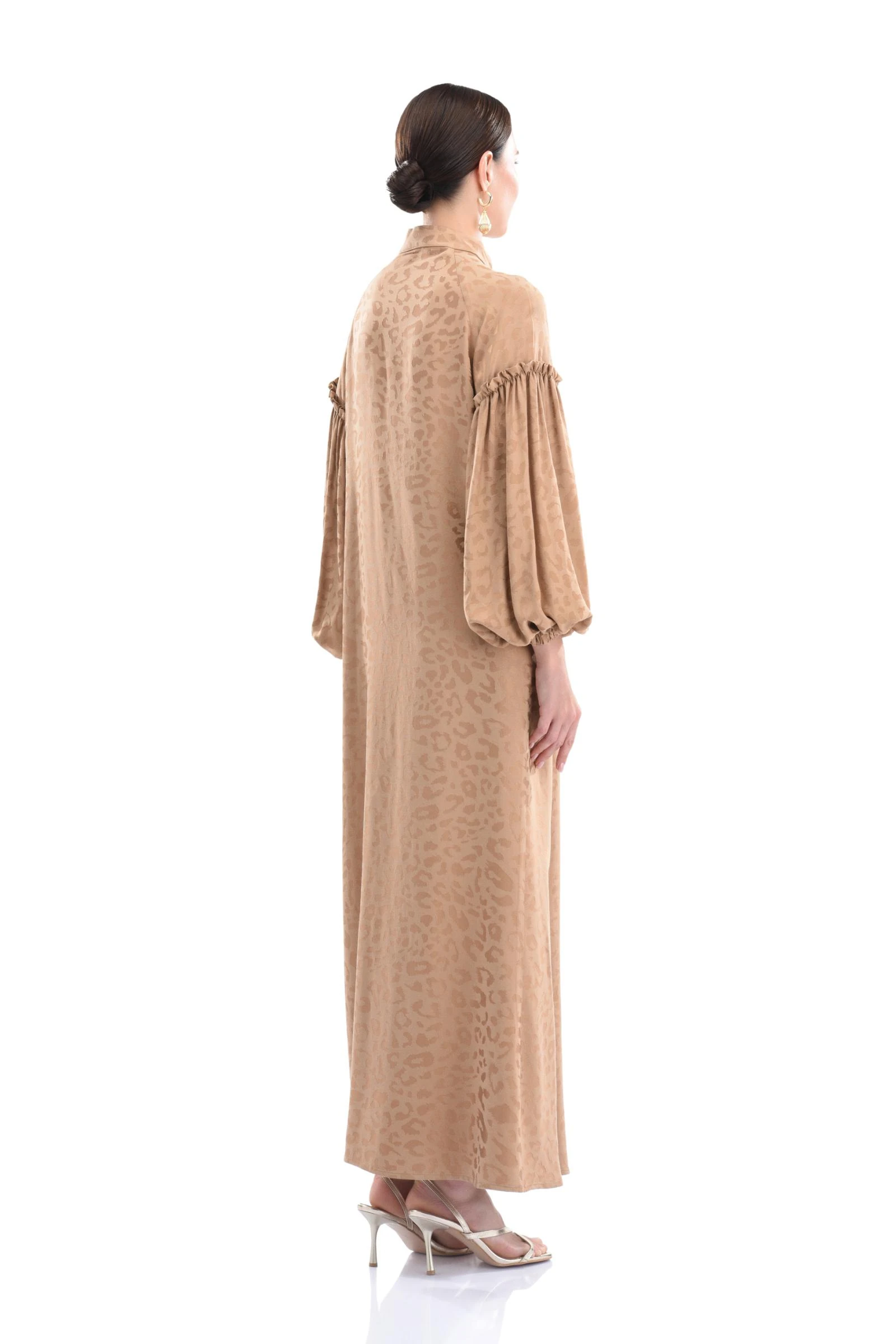 Vizon Renk Jakarlı Uzun Elbise