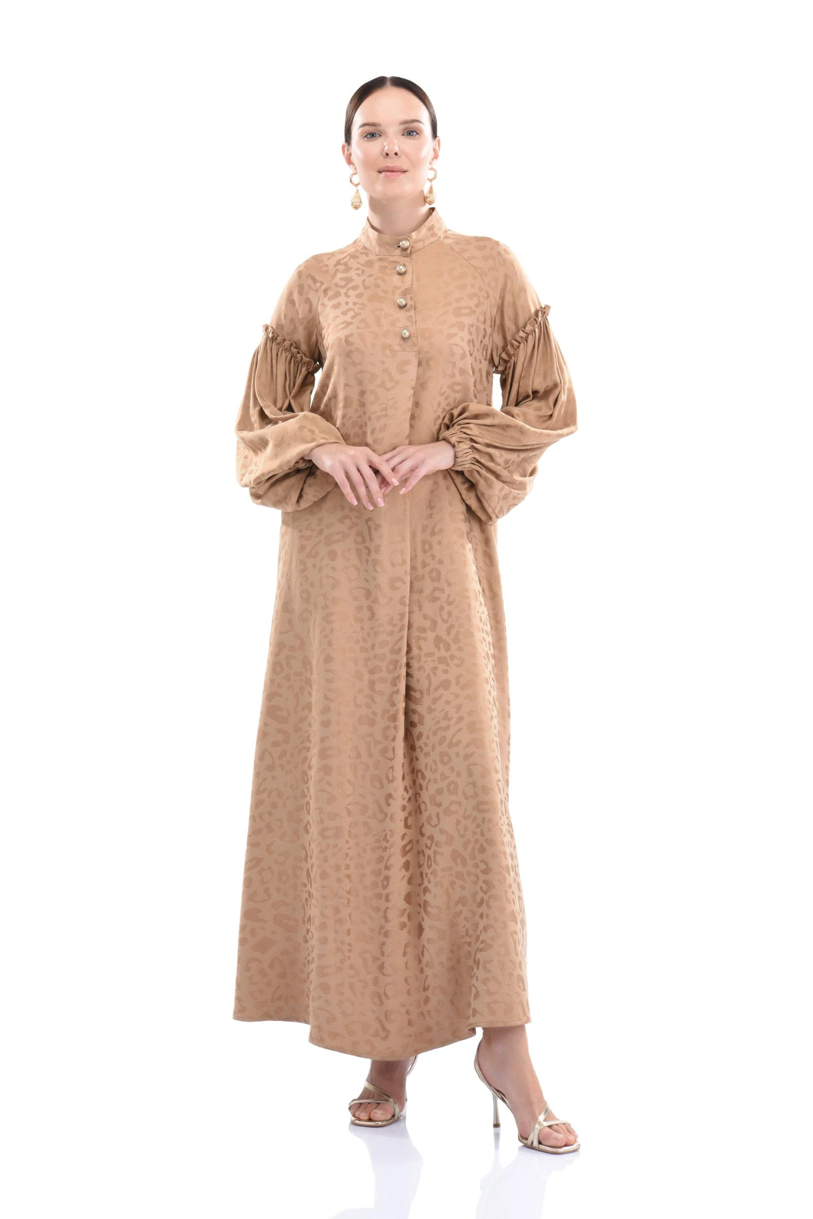 Vizon Renk Jakarlı Uzun Elbise