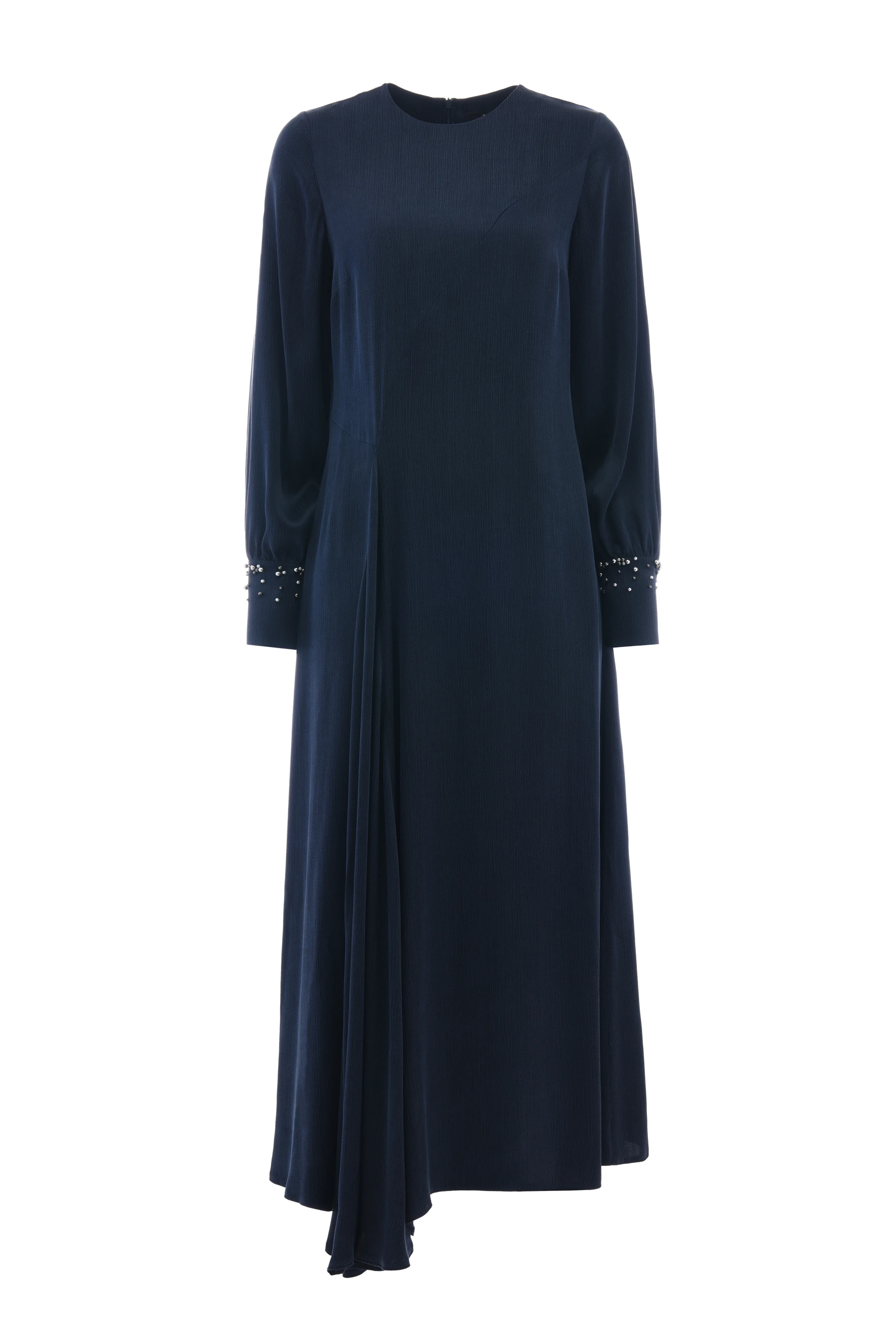 Boncuklu Lacivert Cupro Uzun Elbise - LACİVERT