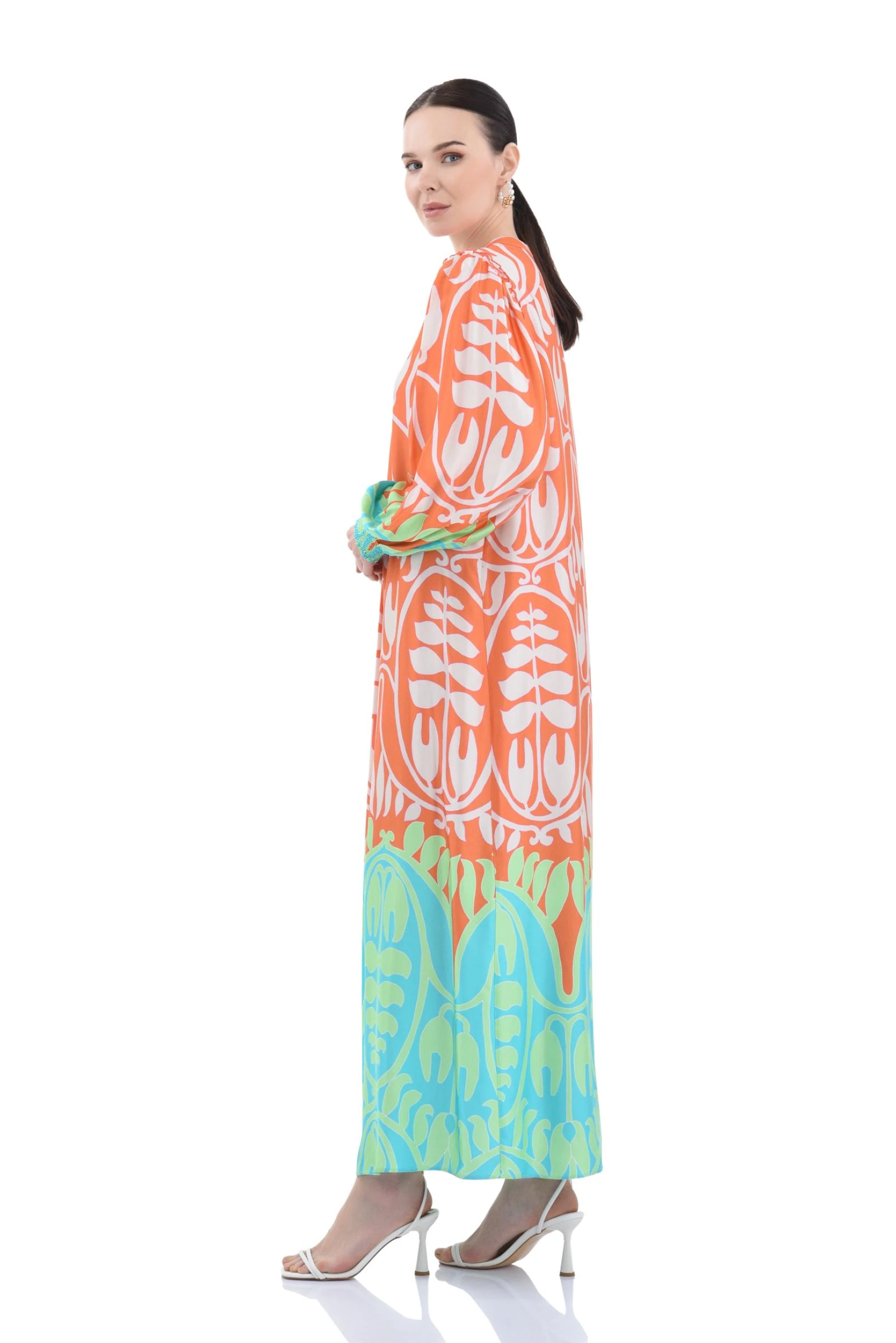 Turuncu Etnik Desenli Uzun Elbise