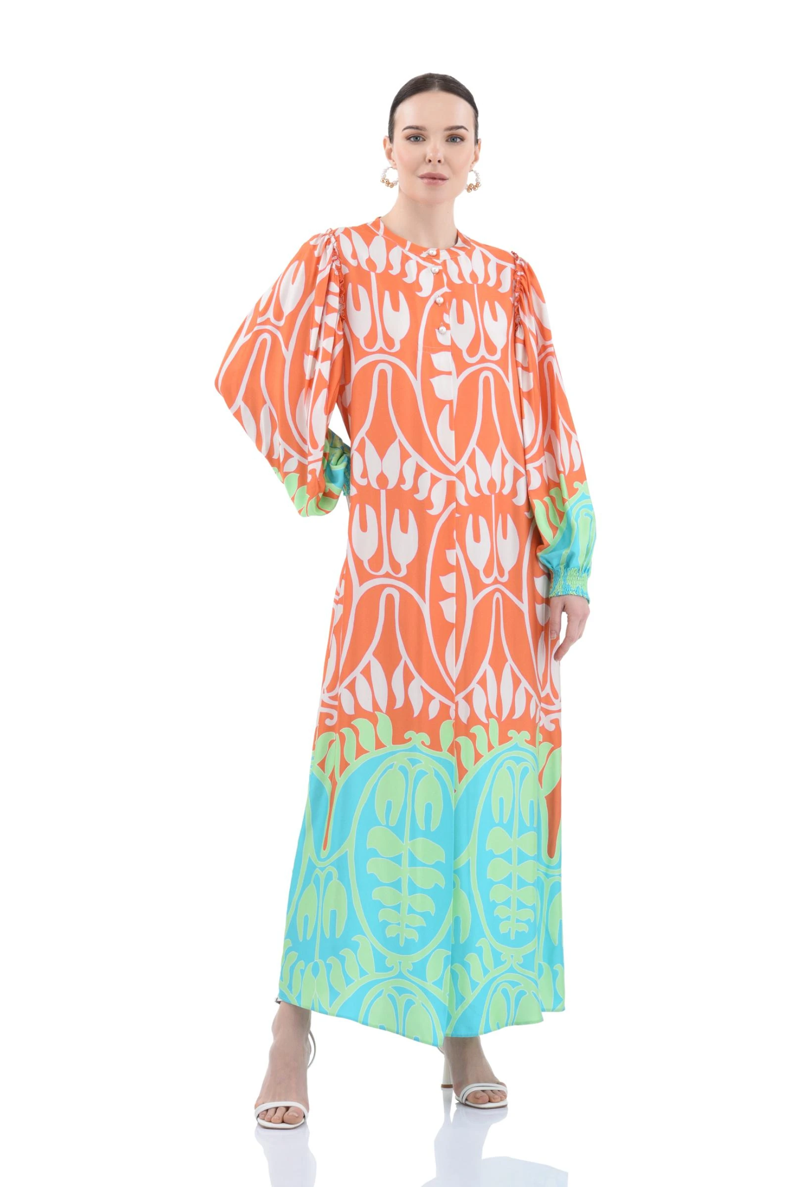 Turuncu Etnik Desenli Uzun Elbise