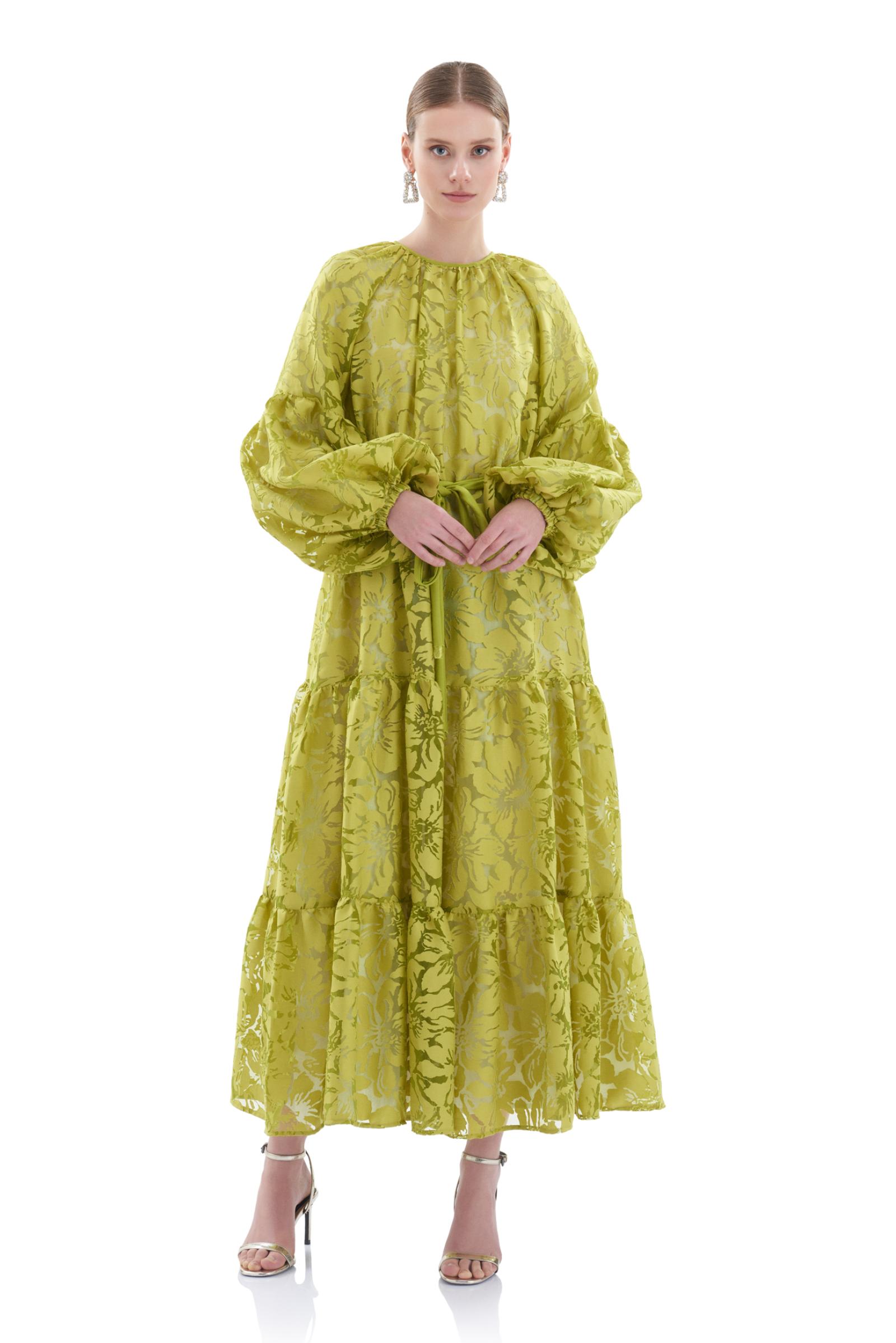 Balon Kollu Yeşil Uzun Elbise