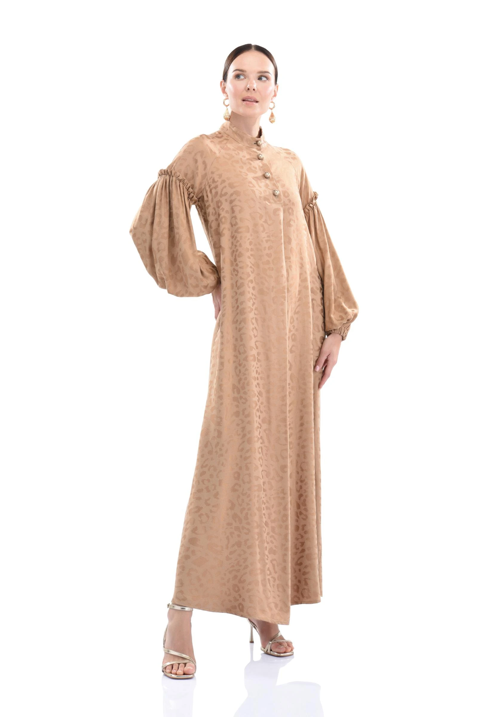 Vizon Renk Jakarlı Uzun Elbise