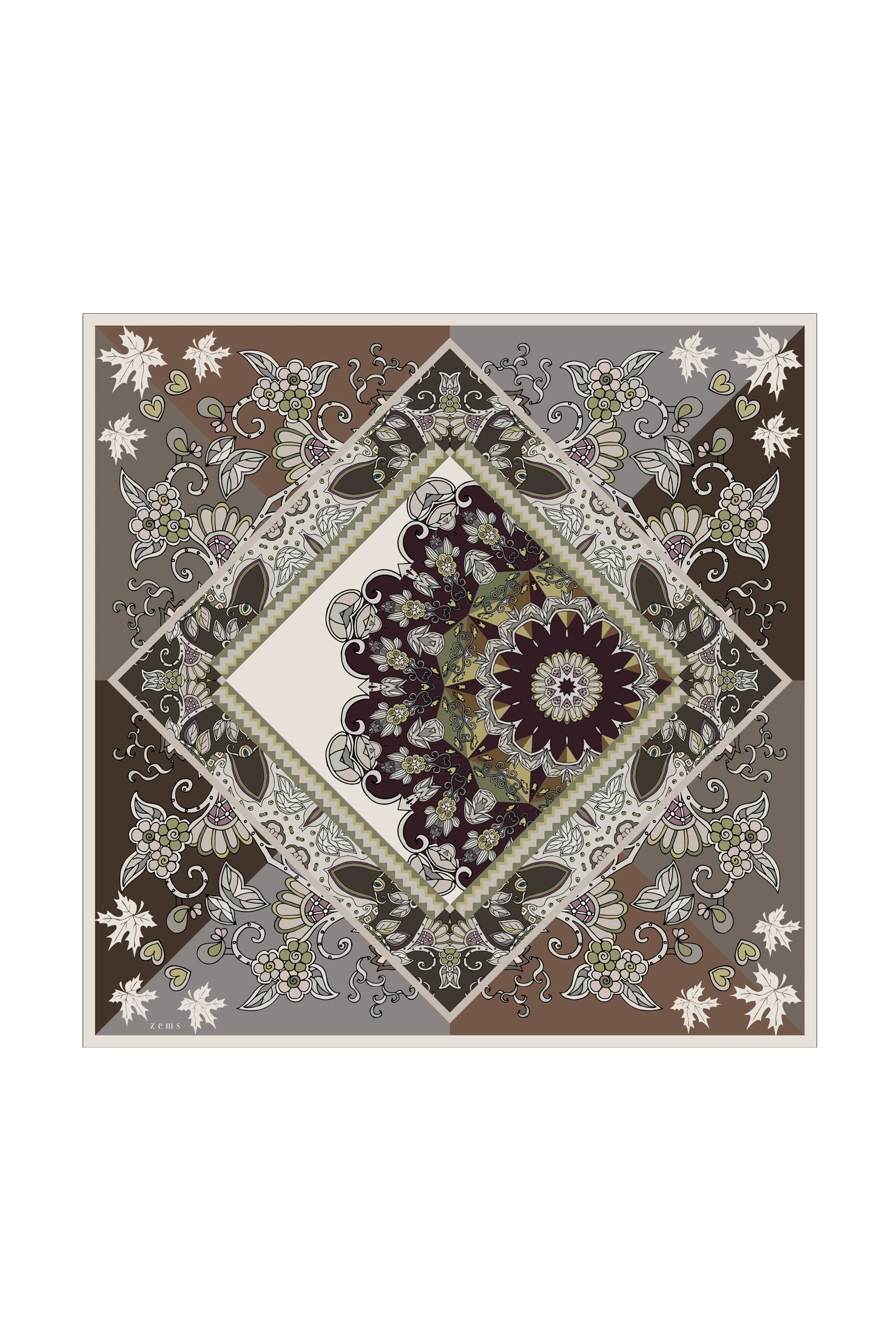 Zems Etnik Desen Twill İpek Eşarp - KAHVE